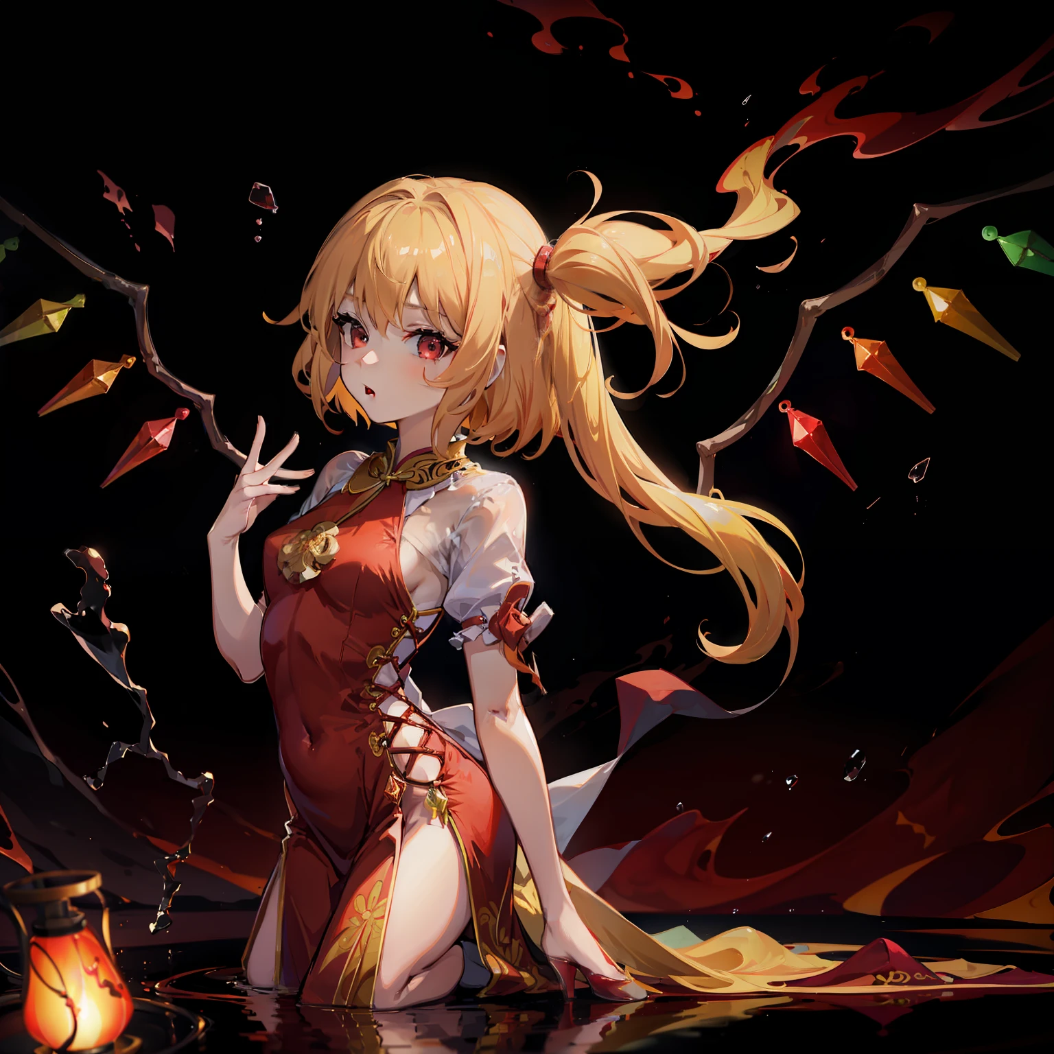 Young woman cheongsam illustration, masutepiece, Fine details, 4K, 8K, 12K, Solo, 1 person, Beautiful Girl, caucasian female, 8 years old, Flandre Scarlet, light yellow hair,, Side tail, red Cheongsam、Deep slit in clothes