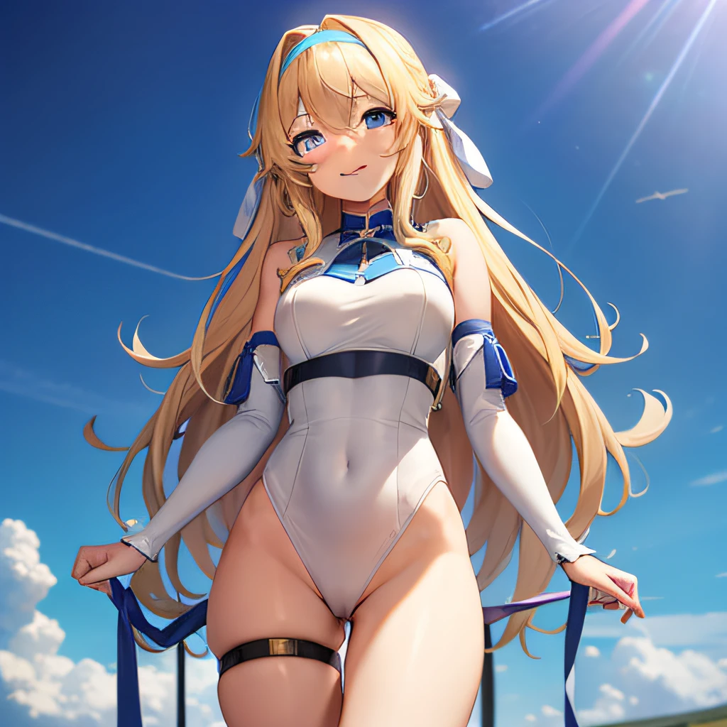 Solo, {{{{cecilia alcott}}}}, infinite stratos, Blonde hair, long curly hair, side locks [[[[drill]]]] Tip, blue hairband, Blue eyes, hair between eye, {{{{tareme}}}}, Smile, skyporn、(High Leg Figure)、is standing