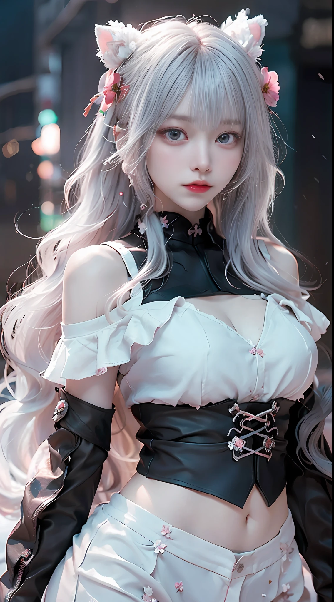 ((best qualtiy)), ((tmasterpiece)), (detail:1.4), Beautiful cyberpunk Japan woman image,sixteen years old,(Photograph the whole body),nffsw(HighDynamicRange),Ray traching,NVIDIA RTX,Hyper-Resolution,illusory 5,Sub-surface scattering,PBR Textures,post processed,Anisotropy Filtering,depth of fields,maximum definition and sharpness,multi-layer texture,Albedo e mapas Speculares,Surface Coloring,Mitsu-Accurate simulation of material interactions,Perfectly proportioned,rendering by octane,Two-colored light,Large aperture,Low ISO,White Balance,Rule three points、8K raw data、Beautiful bright red pupils,Off-the-shoulder clothing,Fine pupils,Pink gradient on pure white hair,Delicate face and eyes,with round face, drooing eyes, long eyelasher,Blushlush,Delicate and fluffy hair,lip,pure,Cute face,Sweet girl,Artistic sense,Casual wear,Advanced Sense,Snowflake,flower petals,Snowflake, Briar snow background, Beautiful Hair Accessories,long hair and waist,Hair fluttering in the wind,Snow White cat ears, Curly