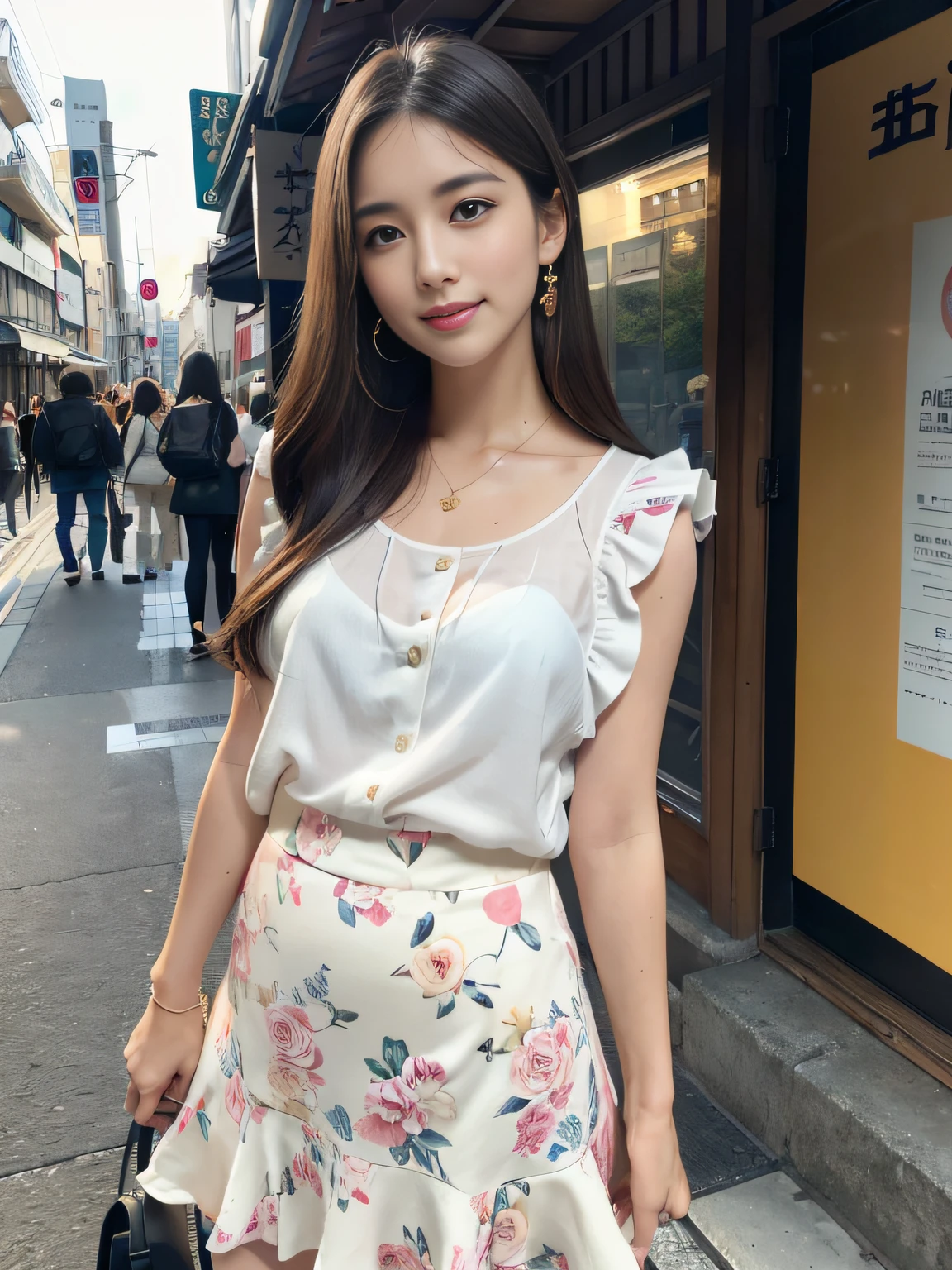 8K、Raw photography、(masuter piece:1.2)、(Photorealsitic:1.2)、(best qualtiy)、((Sleeveless with white frills))、((Adult woman in floral skirt))、((japanes、25-years old))、Light brown hair in one woman、((full body Esbian))、make - up、Smart body、A smile、Poses variadas、hyperdetailed face、A detailed eye、((No close-ups))、(Meet in front of the station)