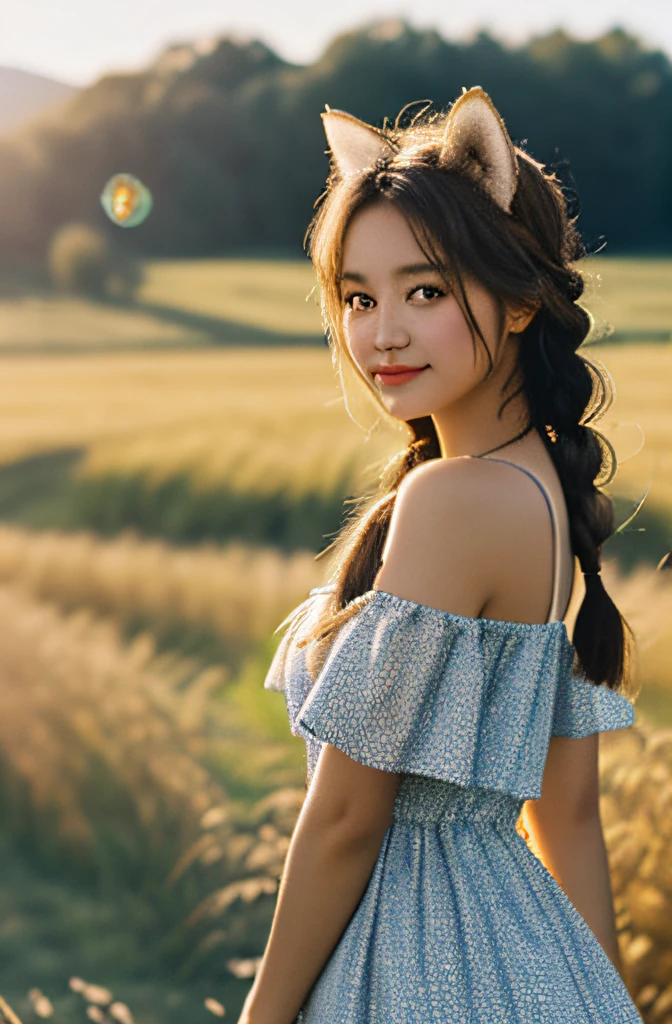 young 1girl with braided hair and fluffy cat ears, dressed in Off-Shoulder Sundress, standing in a rustic farm setting. She has a soft, gentle smile, expressive eyes and sexy cleavage. The background features a charming barn, fields of golden wheat, and a clear blue sky. The composition should be bathed in the warm, golden hour light, with a gentle depth of field and soft bokeh to accentuate the pastoral serenity. Capture the image as if it were taken on an old-school 35mm film for added charm, looking at viewer,