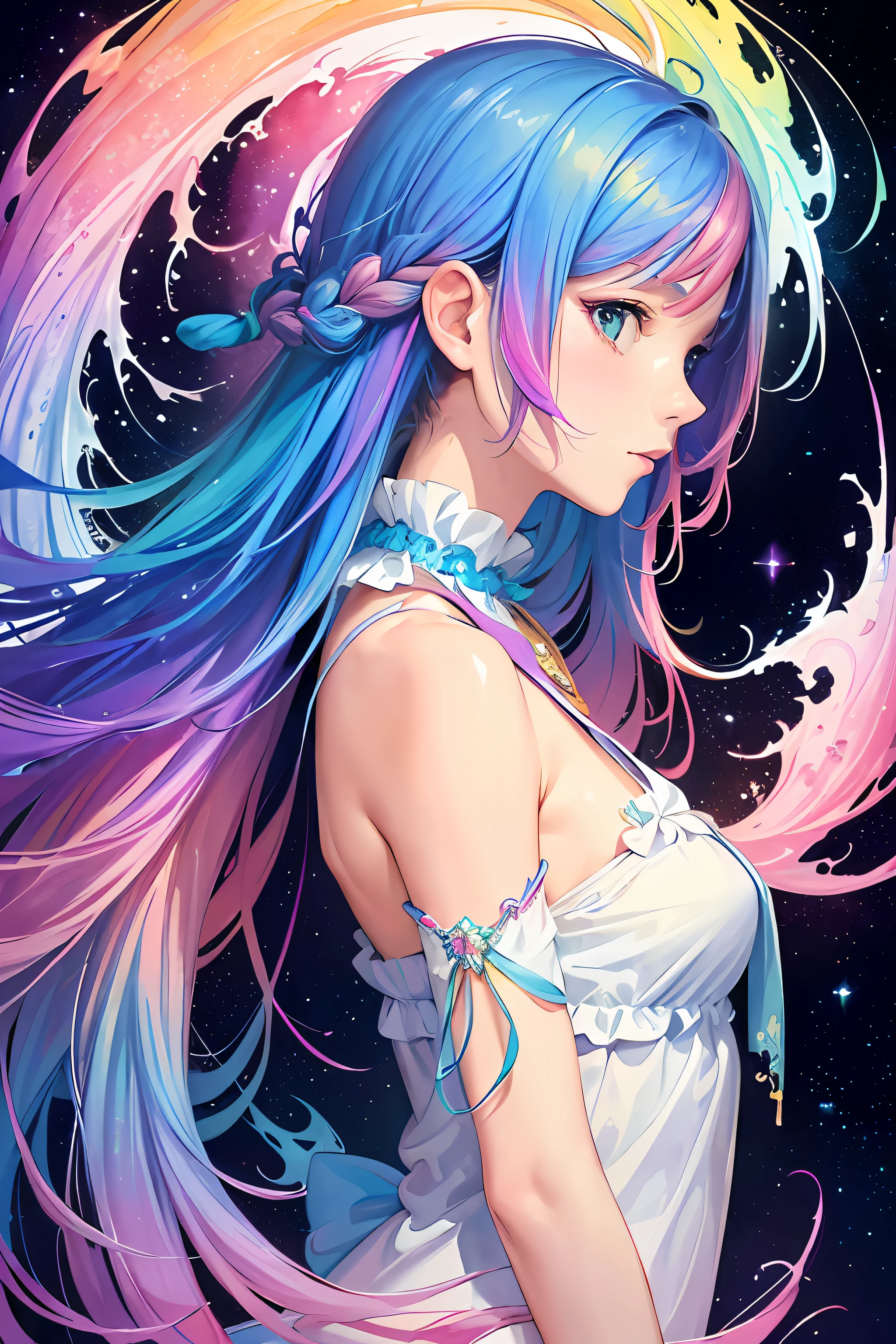 (masterpiece, top quality, best quality,watercolor (medium),official art, beautiful and aesthetic:1.2),(1girl:1.3), (fractal art:1.3),upper body, from side, looking at viewer,patterns,(rainbow color Hair,colorful hair,half blue and half pink hair:1.2),water,liquid, cloud,colorful, starry,stars,
