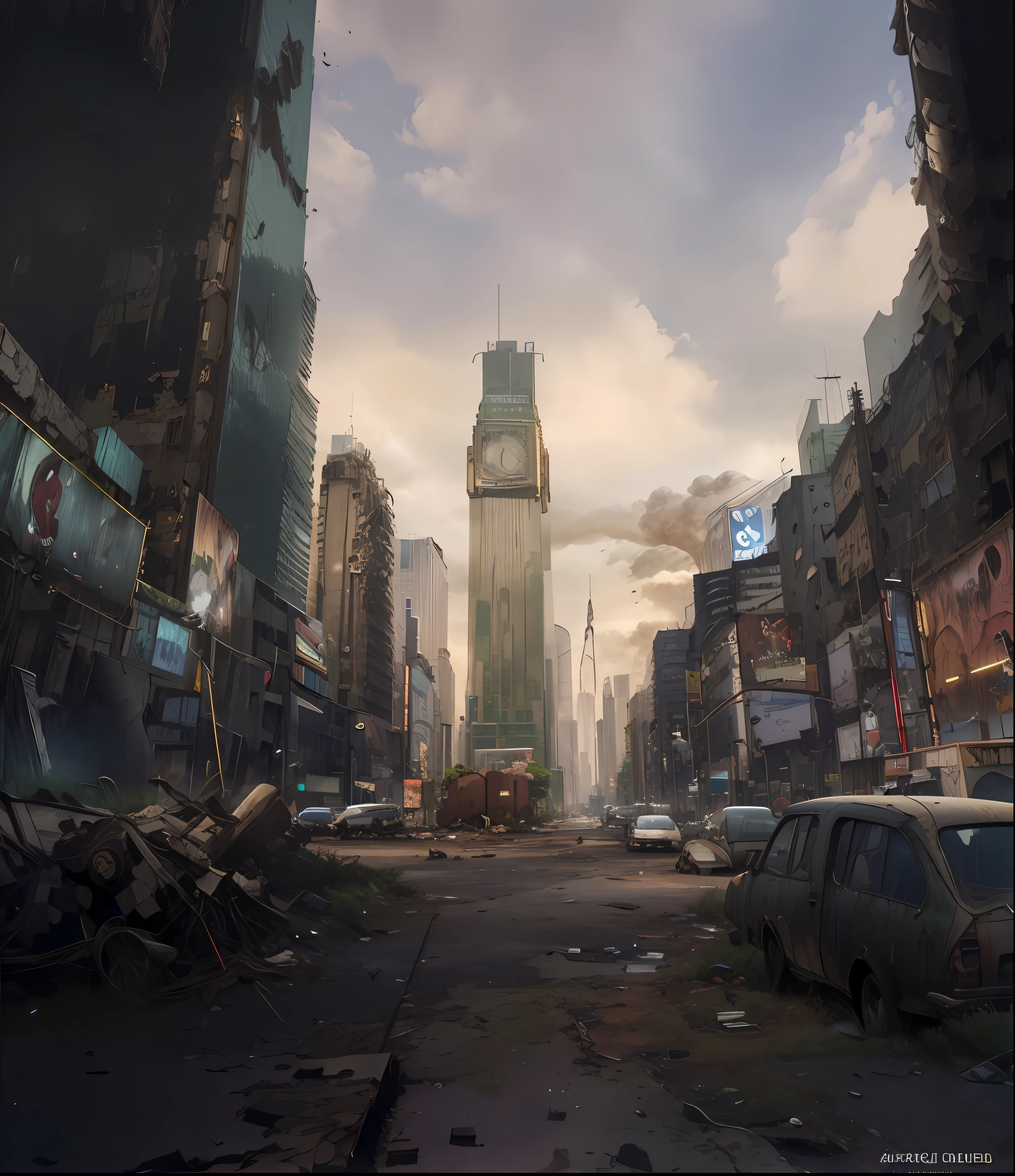 Arafed City Street with a clock tower in the distance, Paulista Avenue Sao Paulo Post-Apocalyptic, digital concept art of dystopian, Post-apocalyptic city streets, post-apocalyptic city, post apocalyptic district, post-apocalyptic city, An abandoned dystopian city, in a post apocalyptic city, Post-apocalyptic New York, arte conceitual urbana, cidade cyberpunk abandonada, Debatable future, paisagem urbana arruinada ao ar livre