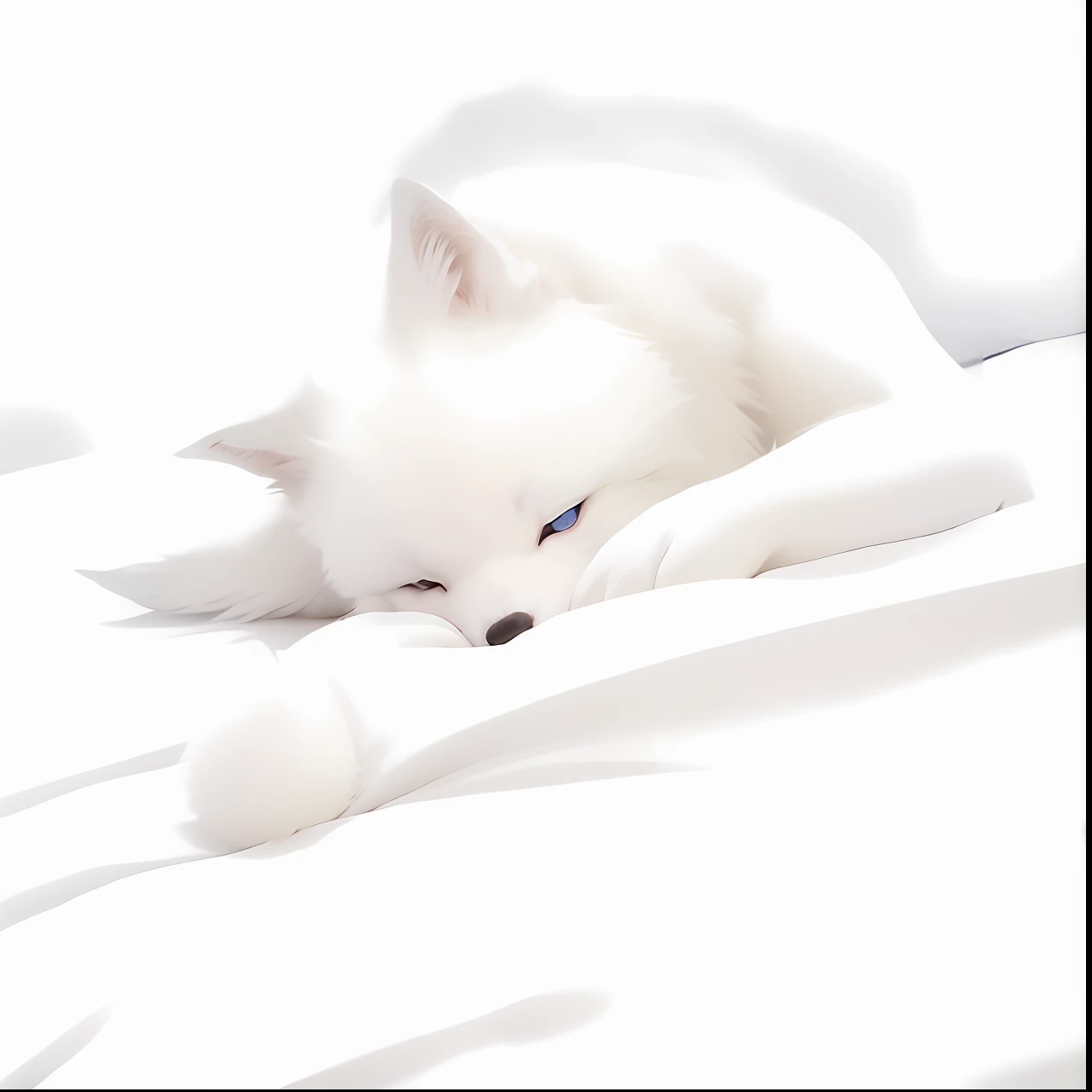 On the soft bed lay a white dog，The bed was covered with white sheets, White fox, white fox anime, White-haired fox, Vampire White Fox, ethereal fox, Soft anime illustration, White wolf, very very beautiful furry art, A white wolf, soft digital painting, White fur, white wolf with blue eyes, lovely digital painting, furry wolf, furry digital art，The eyes do not change，The bed was covered with a quilt