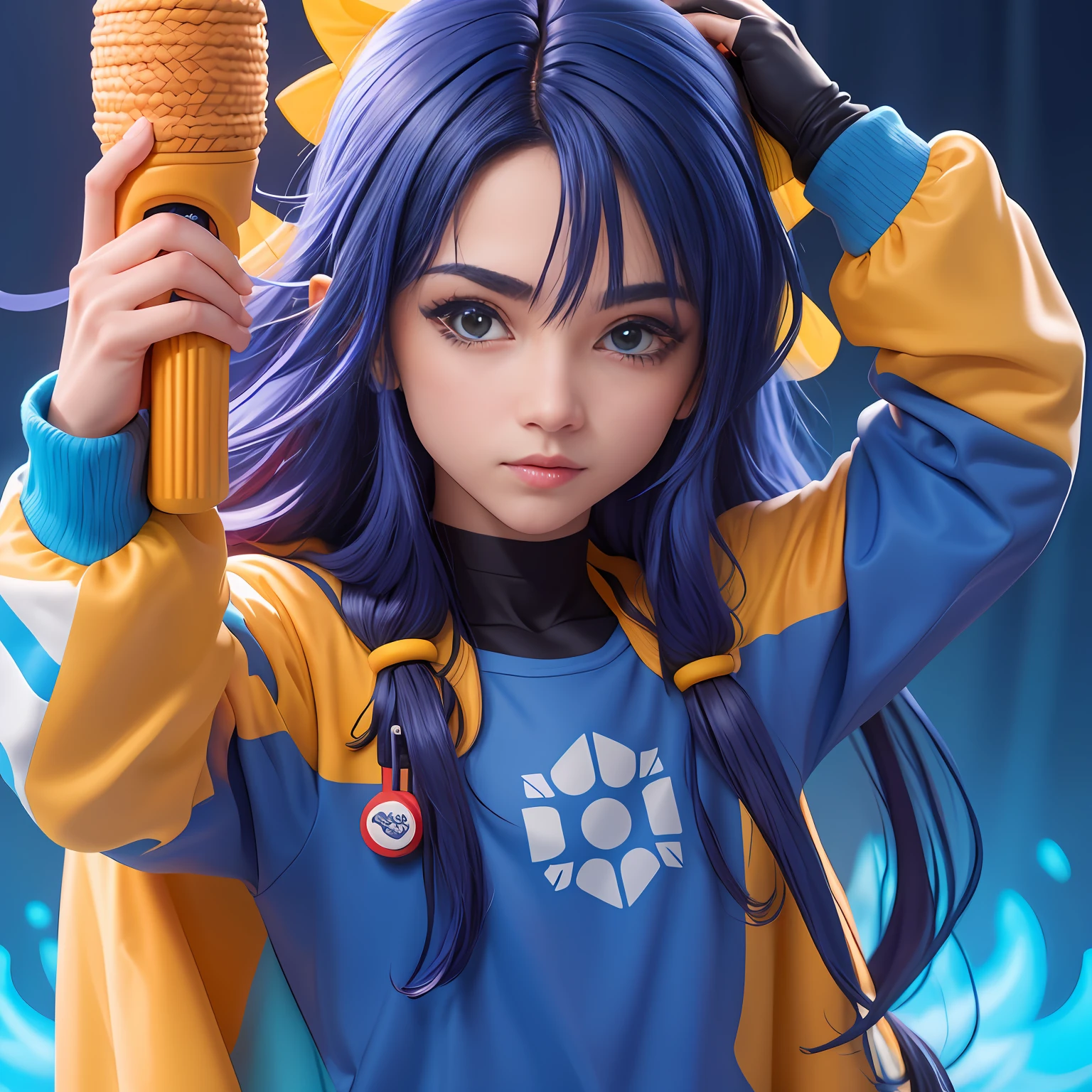 (extremamente detalhado CG unificado 8k wallpaper), estilo de brinquedo da caixa cega, um bonito com cabelo castanho, medium long shoulder-length hair, moletom preto com capuz, fundo limpo azul claro, parte superior do corpo, Close-up do avatar,