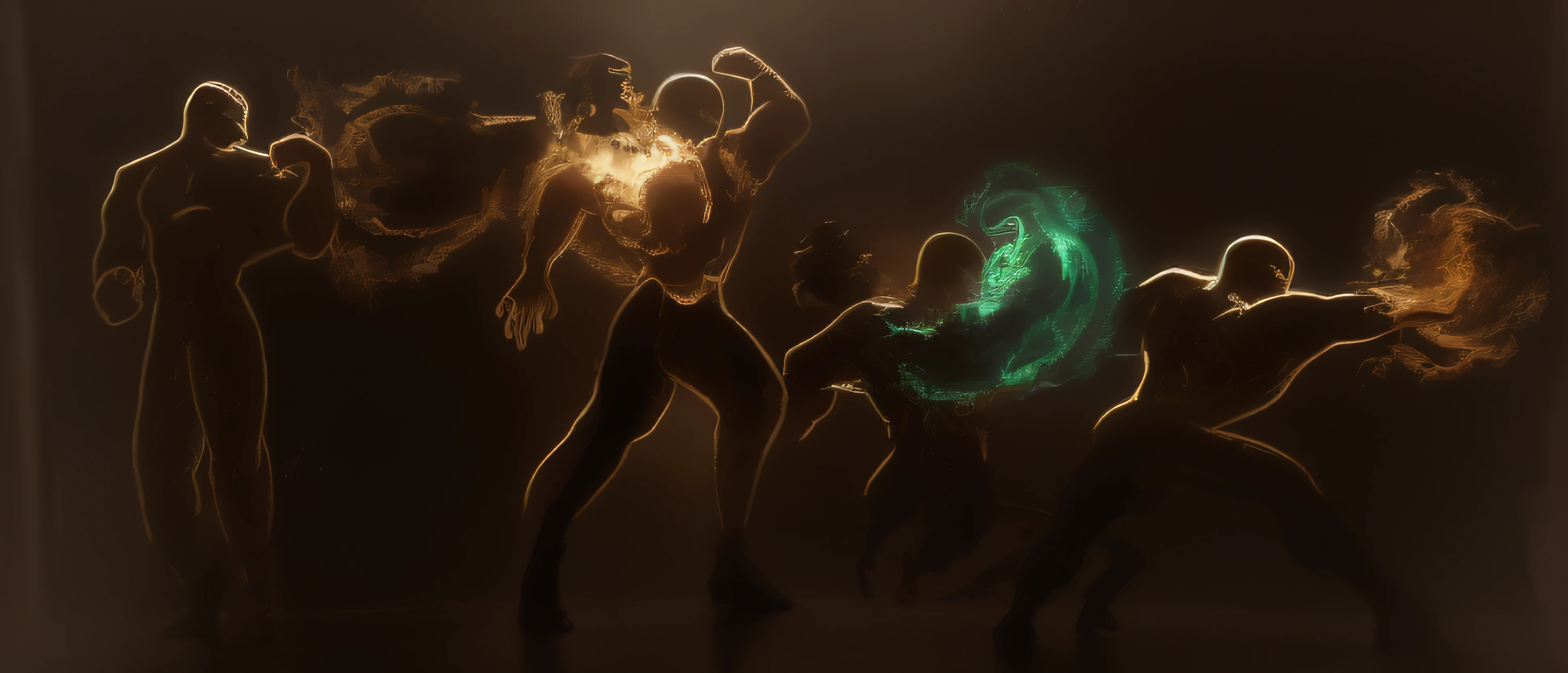 Desenho de um grupo de pessoas com um segurando um telefone celular, figures fighting in the distance, abstract human figures dancing, Postura de luta, cena de luta, inspired by André Masson, inspirado em Ismael Nery, arte de luta, inspirado por Henri Michaux, Directed by: Lorentz Frölich, Directed by: Elmyr de Hory, desenho impressionista, duas figuras, pessoas lutando, 4k, 3D-rendering, hiper realista, arte com dourados e bronze de muito bom gosto, luminous ernegia coming out of the hand,
