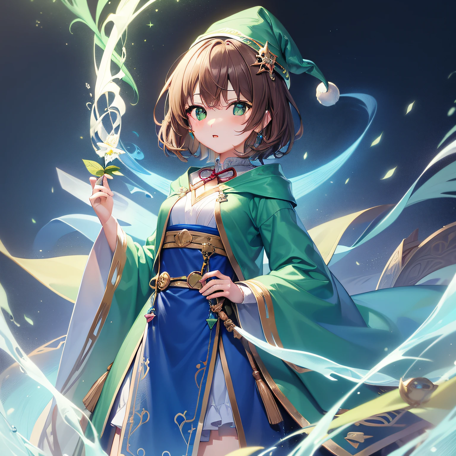 top-quality、extremely delicate and beautiful、((A ))、Green eyes、Small breasts、Short hair、Brown hair mixed in、Short hair、(Green Wizard Hat)、(a large blue ribbon on the head)Soio、Green clothing、long-sleeve、Red brooch on the neck、((Blue wizard robe dressed in green))、Standing