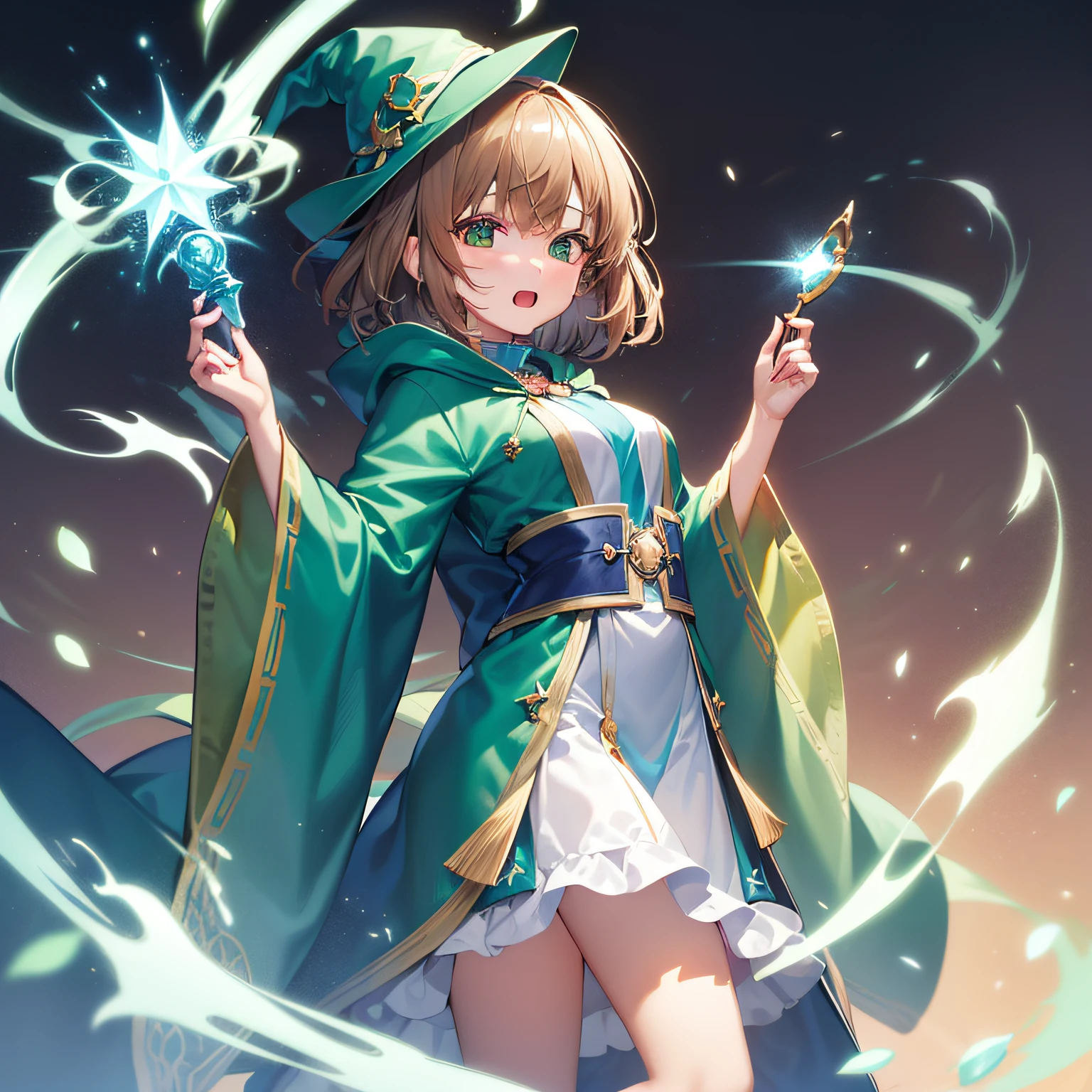 top-quality、extremely delicate and beautiful、((A teenage girl))、Green eyes、Small breasts、Short hair、Brown hair mixed in、Short hair、(Green Wizard Hat)、(a large blue ribbon on the head)Soio、Green clothing、long-sleeve、Red brooch on the neck、((Blue wizard robe dressed in green))、Standing