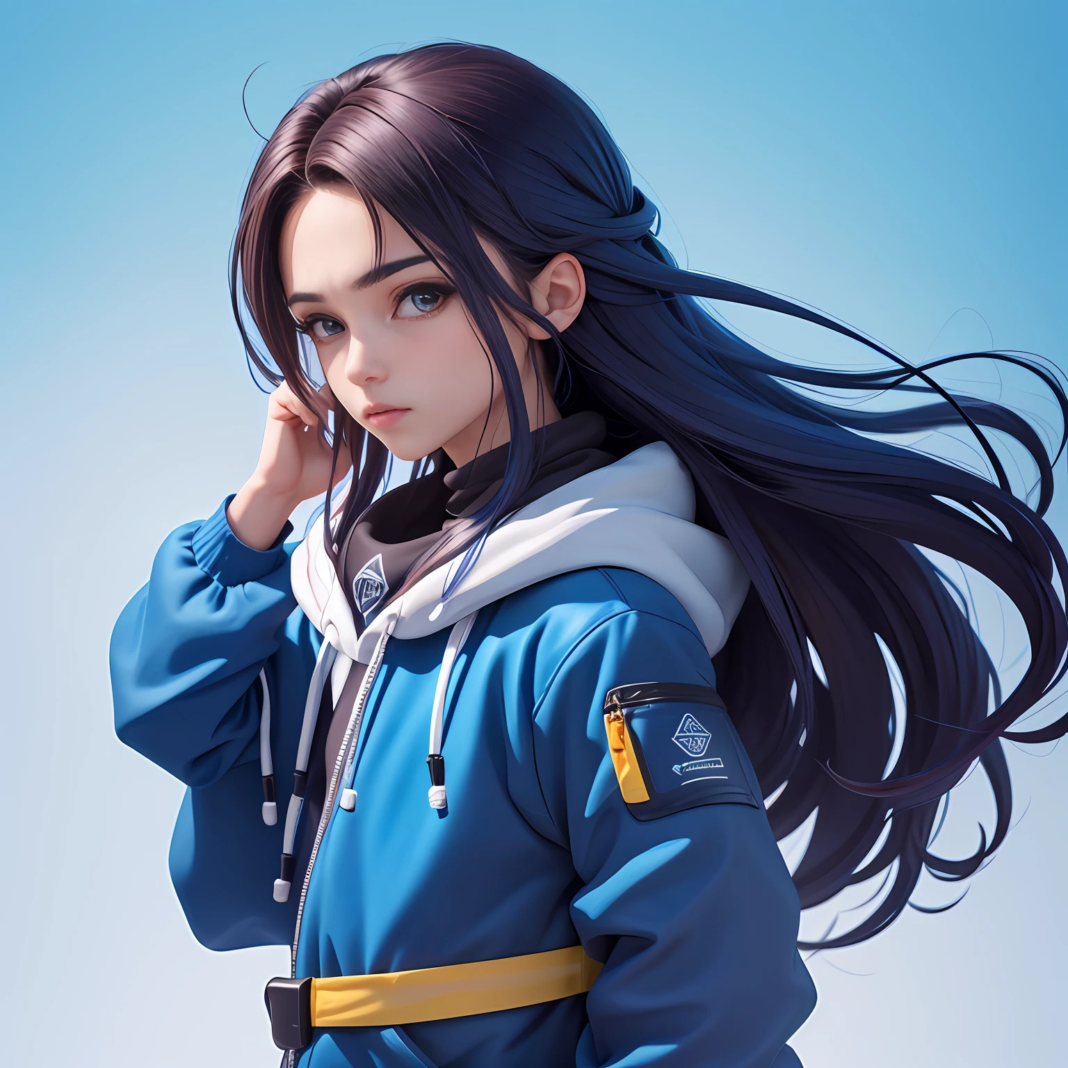 (extremamente detalhado CG unificado 8k wallpaper), estilo de brinquedo da caixa cega, um bonito com cabelo castanho, medium long shoulder-length hair, moletom preto com capuz, fundo limpo azul claro, parte superior do corpo, Close-up do avatar,