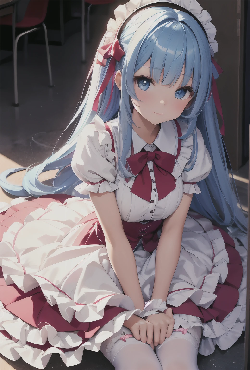 best qualityer,tmasterpiece,Ultimate resolution,downy,Extremely colorful,Colorful,Big high school girl,Lolita long dress, white stockings,Muffin shoes,closeup of face