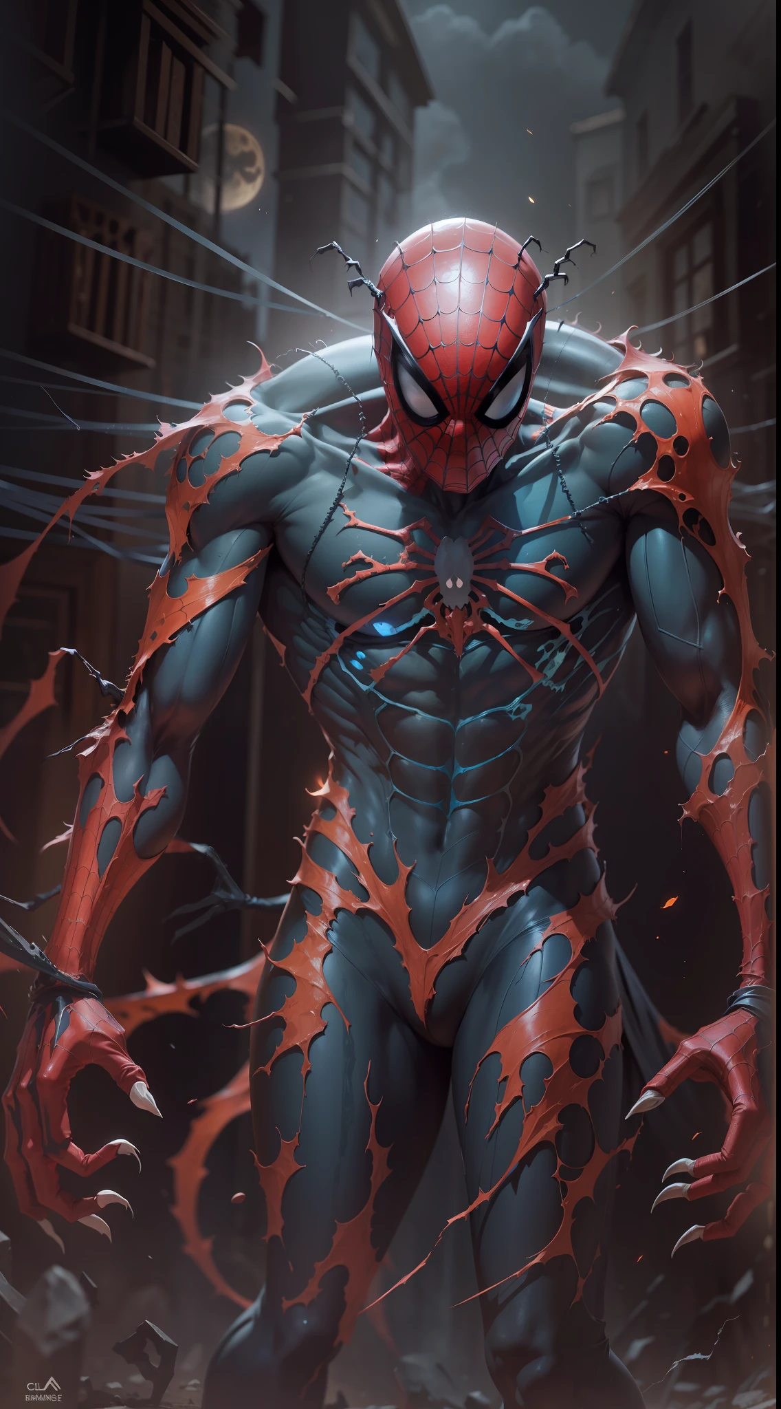 Stunning illustration, zombie Spider-Man emerges from the darkness with a skeletal, decomposed figure, wrapped in his iconic red and blue suit, ahora desgastado y desgarrado. Their pale, decomposed skin shows visible bones in some areas, while muscles, mostly consumed, apenas sostienen su estructura. Sus ojos, una vez vivaces, now they are empty and opaque, surrounded by dark circles that accentuate their macabre nature.El traje, manchado de sangre seca y mugre, cuelga de su cuerpo en jirones, revelando hueso y carne muerta en varios puntos. Aunque su aspecto es espeluznante, Arachnid agility is still discernible in its hunched posture and in the remains of cobwebs clinging to its body..paisaje nocturno y siniestro, con una luna llena brillante pero distorsionada, rodeada de nubes ominosas y tormentosas. Faint rays of light filter through the clouds, bathing the zombie Spider-Man in spectral illumination.