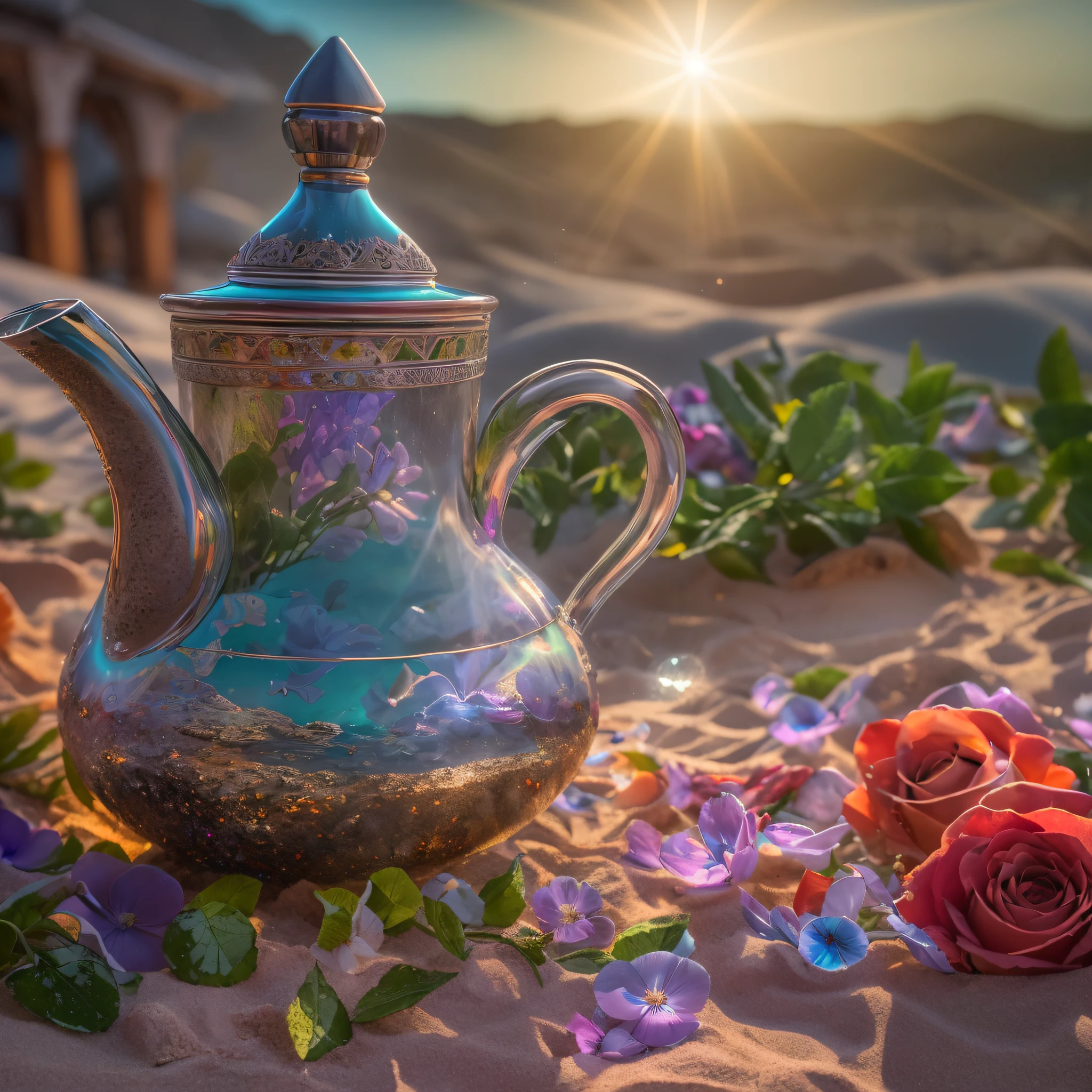 crystalized Moroccan tea pot small fire heating it, fantasy inside, mint leaves, roses, hot tea, steam, sunrays, masterpiece, best quality, ultra high res, RAW, beautiful beach view, Mirleft, splashing rainbows, waves crashing, sand, foam, opalescent, (Photoluminescence water), gems, ((floating flowers)), clear, Cinematic RAW photo, hyper real photo, ultrarealistic, 8k uhd, dslr, soft lighting, high quality, film grain, Fujifilm XT3, photographed on a Kodak Retina II Sanyo Xacti VPC-CA6, 50mm lens, Wide Angle, HDR, hyper-realistic, colorgraded, volumetric lighting, [volumetric fog, moist], shallow depth of field, reflections, photo, (sparkling), glistening, (iridescent), glimmering, clear, shimmering, mystical, enchanting, glittering, Morocco, exotic, (masterpiece) (best quality) (detailed) (8k) (HDR) (wallpaper) (cinematic lighting) (sharp focus) (intricate), romantic,