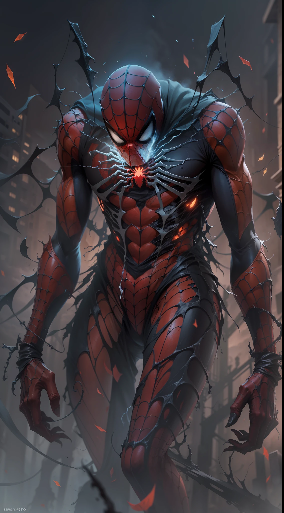 Stunning illustration, zombie Spider-Man emerges from the darkness with a skeletal, decomposed figure, wrapped in his iconic red and blue suit, ahora desgastado y desgarrado. Their pale, decomposed skin shows visible bones in some areas, while muscles, mostly consumed, apenas sostienen su estructura. Sus ojos, una vez vivaces, now they are empty and opaque, surrounded by dark circles that accentuate their macabre nature.El traje, manchado de sangre seca y mugre, cuelga de su cuerpo en jirones, revelando hueso y carne muerta en varios puntos. Aunque su aspecto es espeluznante, Arachnid agility is still discernible in its hunched posture and in the remains of cobwebs clinging to its body..paisaje nocturno y siniestro, con una luna llena brillante pero distorsionada, rodeada de nubes ominosas y tormentosas. Faint rays of light filter through the clouds, bathing the zombie Spider-Man in spectral illumination.