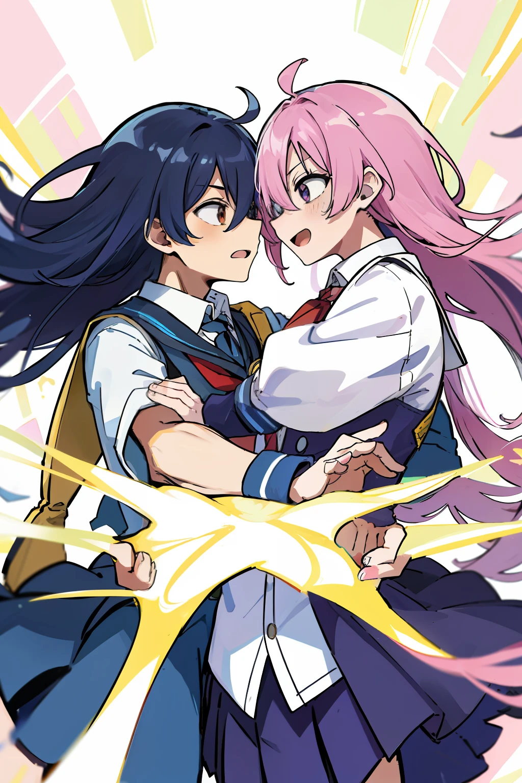((extremelydetailedCG)),((8K_Wallpaper)),(((masutepiece))),((top-quality)), ((Couple in love)),  1male people,School run,Regent、 Each of them has its characteristic movements and powers, Such as, Playfulness and dynamic, With vivid colors and exaggerated expressions. While maintaining overall uniformity、Incorporate elements from each anime world、school  background