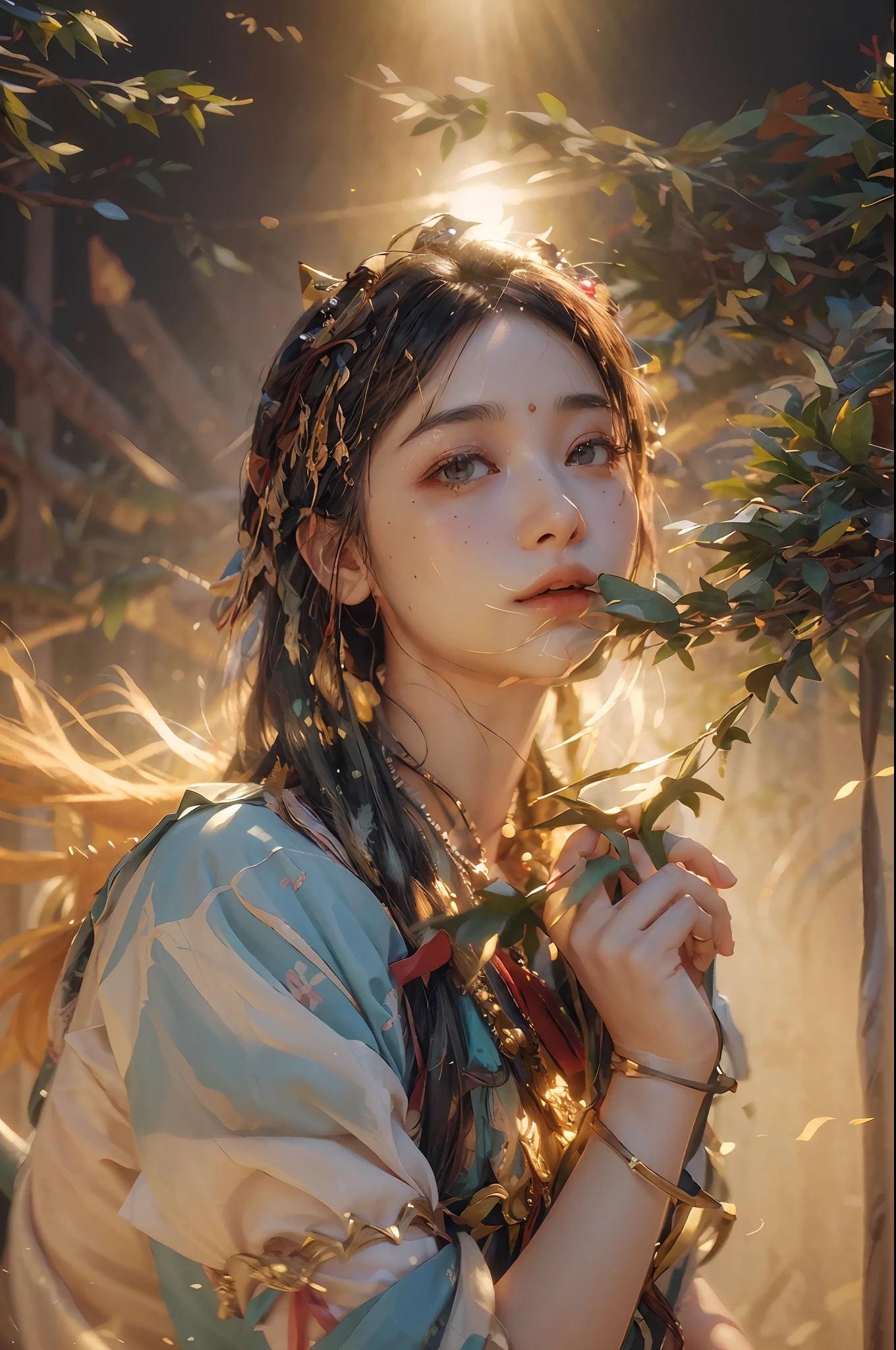 (RAW photo, best quality), (realistic, photo-realistic:1.3),best quality,highly detailed,masterpiece,ultra-detailed,illustration,1girl,upper_body,dynamic angle,world masterpiece theater,messy_long_hair,best quality,extremely detailed CG unity 8k wallpaper,ink,Amazing,cinematic lighting,lens_flare, dunhuang_style