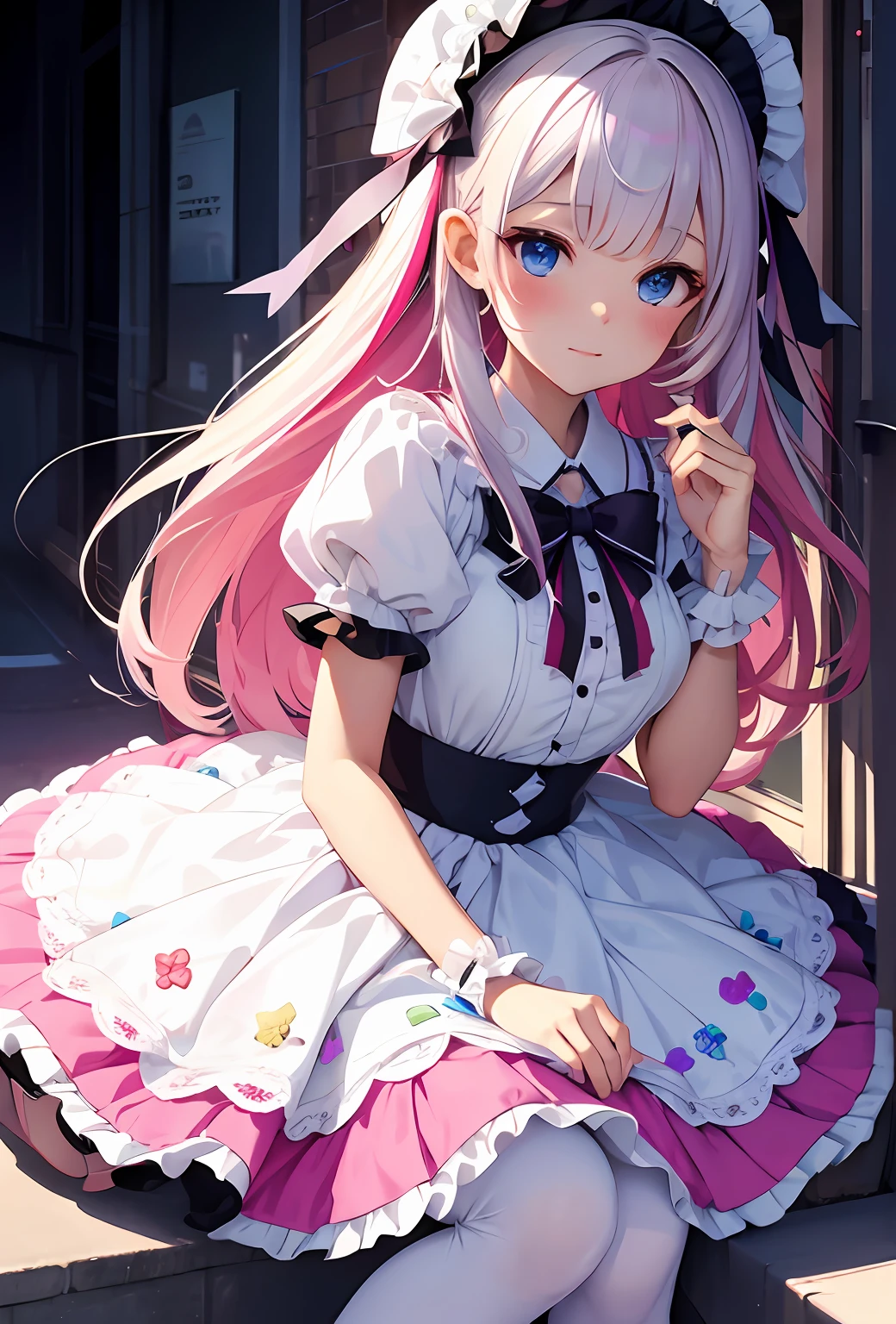 best qualityer,tmasterpiece,Ultimate resolution,downy,Extremely colorful,Colorful,Big high school girl,ta long dress, white stockings,Muffin shoes,closeup of face