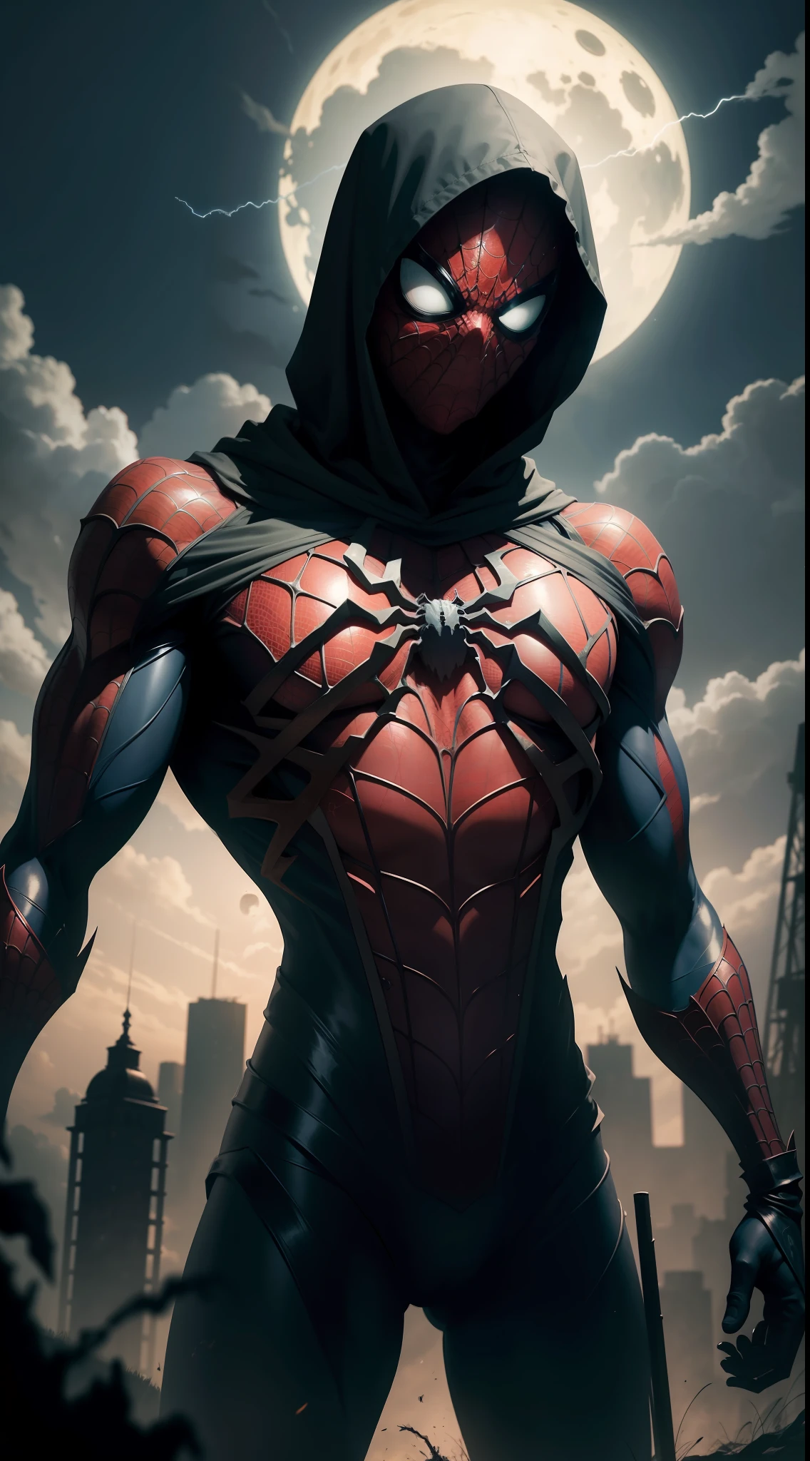 Stunning illustration, zombie Spider-Man emerges from the darkness with a skeletal, decomposed figure, wrapped in his iconic red and blue suit, ahora desgastado y desgarrado. Their pale, decomposed skin shows visible bones in some areas, while muscles, mostly consumed, apenas sostienen su estructura. Sus ojos, una vez vivaces, now they are empty and opaque, surrounded by dark circles that accentuate their macabre nature.El traje, manchado de sangre seca y mugre, cuelga de su cuerpo en jirones, revelando hueso y carne muerta en varios puntos. Aunque su aspecto es espeluznante, Arachnid agility is still discernible in its hunched posture and in the remains of cobwebs clinging to its body..paisaje nocturno y siniestro, con una luna llena brillante pero distorsionada, rodeada de nubes ominosas y tormentosas. Faint rays of light filter through the clouds, bathing the zombie Spider-Man in spectral illumination.