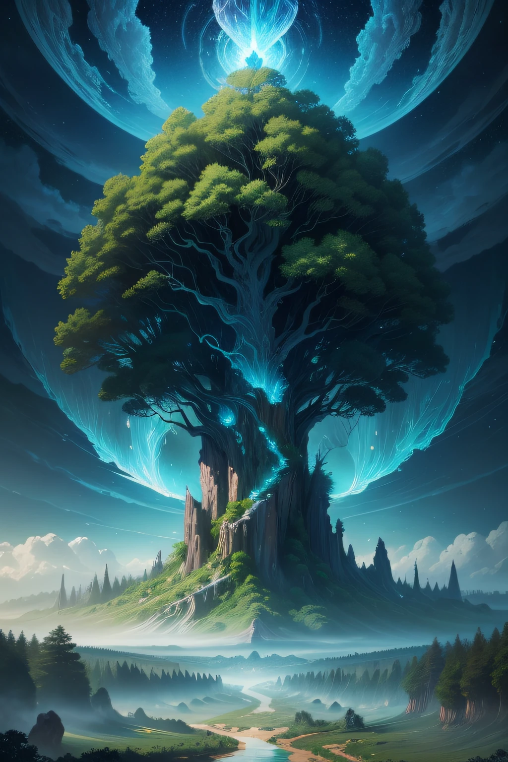 Illustration of a surreal, otherworldly, hyper sky scene including a giant crystal tree full body, highly detailed and magical lighting, intricate forest details, vegetation and surrounding river, solar punk, landscape, giant tree , beautiful green leaves, beautiful lighting and realistic proportions, as if this is a movie background, 8k, highest quality, masterpiece, clouds and stars in the sky.