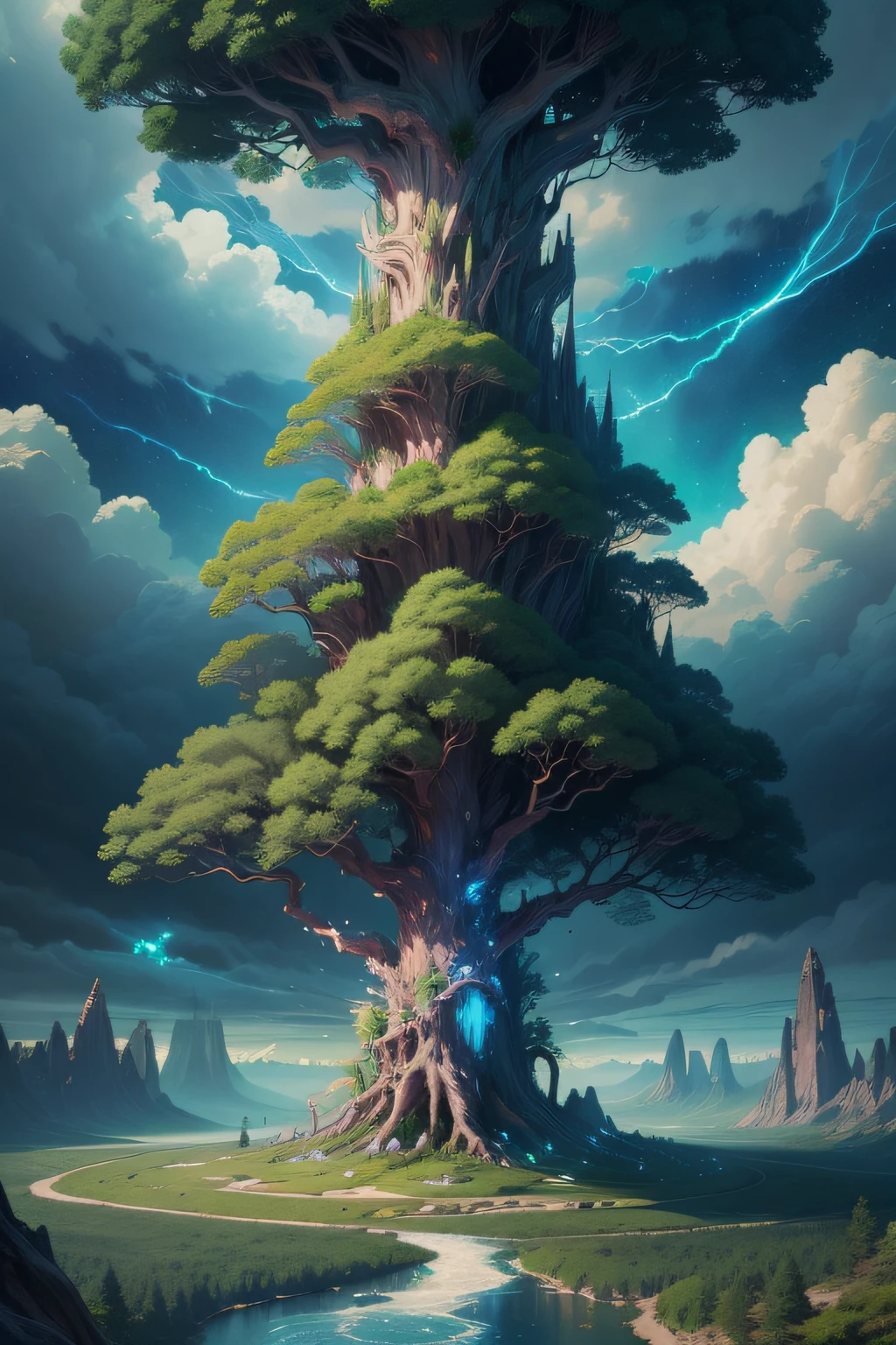 Illustration of a surreal, otherworldly, hyper sky scene including a giant crystal tree full body, highly detailed and magical lighting, intricate forest details, vegetation and surrounding river, solar punk, landscape, giant tree , beautiful green leaves, beautiful lighting and realistic proportions, as if this is a movie background, 8k, highest quality, masterpiece, clouds and stars in the sky.