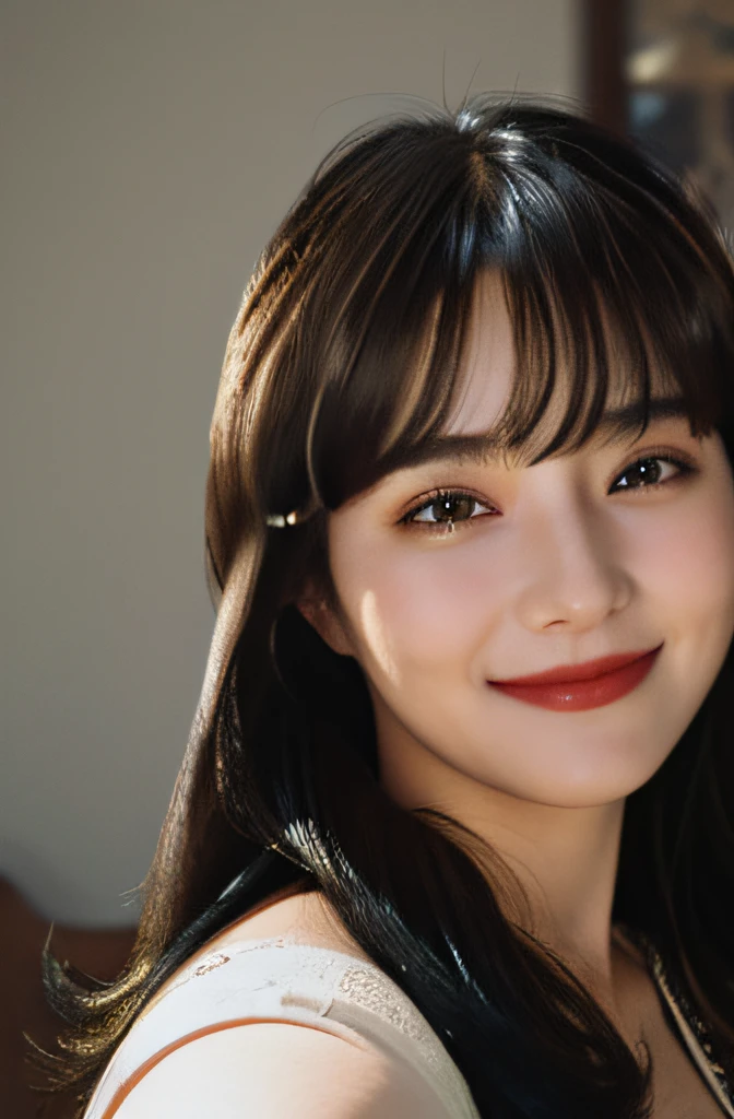 masterpiece, best quality, 1girl,long_hair,light smile, blunt bangs,looking at viewer,selfies,cowboy shot,(shot_hair:2),
(realistic:1.5), cinemagraph,