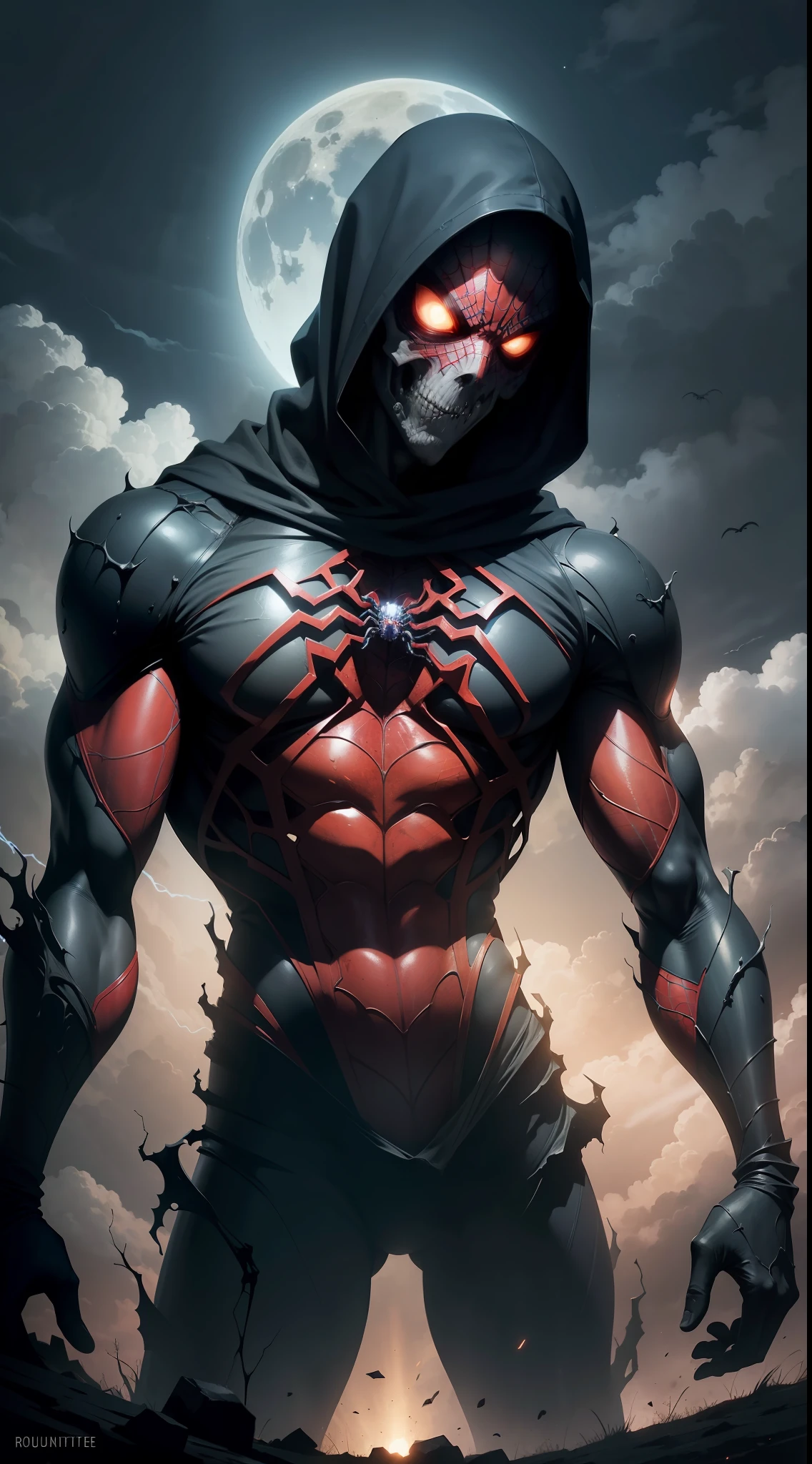 Stunning illustration, zombie Spider-Man emerges from the darkness with a skeletal, decomposed figure, wrapped in his iconic red and blue suit, ahora desgastado y desgarrado. Their pale, decomposed skin shows visible bones in some areas, while muscles, mostly consumed, apenas sostienen su estructura. Sus ojos, una vez vivaces, now they are empty and opaque, surrounded by dark circles that accentuate their macabre nature.El traje, manchado de sangre seca y mugre, cuelga de su cuerpo en jirones, revelando hueso y carne muerta en varios puntos. Aunque su aspecto es espeluznante, Arachnid agility is still discernible in its hunched posture and in the remains of cobwebs clinging to its body..paisaje nocturno y siniestro, con una luna llena brillante pero distorsionada, rodeada de nubes ominosas y tormentosas. Faint rays of light filter through the clouds, bathing the zombie Spider-Man in spectral illumination.