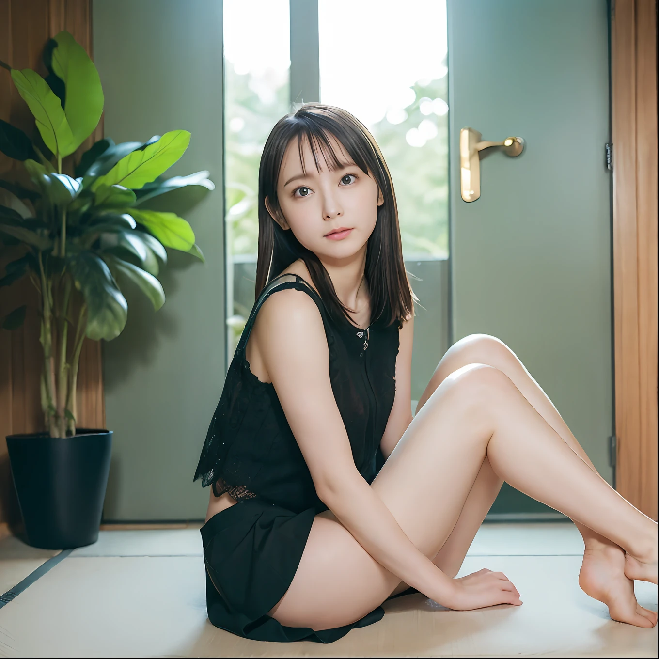 ​masterpiece、(realisitic)、high-definition CG unified 8K wallpapers、(HQ Skins:1.2)、in 8K、nffsw、Digital SLR、((((Photo from the front))))、hightquality、((((Photorealsitic))))、Perfect litthing、25 year old woman、Beautie、femele１Portrait、Very delicate and beautiful woman、highlydetailed skin、de pele branca、Gentle slender face、Pretty look、Do not close your eyes、Red cheeks,、The lips are very red、Bigger eyes、Embarrassing、((((Staring at the photographer))))、Lights on your face、C Cup Bust、natural soft light、Beautiful photo studio background、femele１a person、Indoor Portrait、((((fullbody image))))、Hair is bunched back、Beauty of the wind、(((Wearing a miniskirt)))、(((Beautiful feet)))、Image in which the legs are always visible、Raising arms to show armpits、Bold poses、The body is frontal、Image from the knee up、Japan garden in the background、I can see my panties、Face facing forward、Blur the background、and is wearing sandals、(((Sitting with your knees bent and your legs spread)))、Ridiculous,Lace panties、the bow,sitting on、pantyshot、Spread your legs apart、skirt by the,ｍCharacter opening leg、squatt