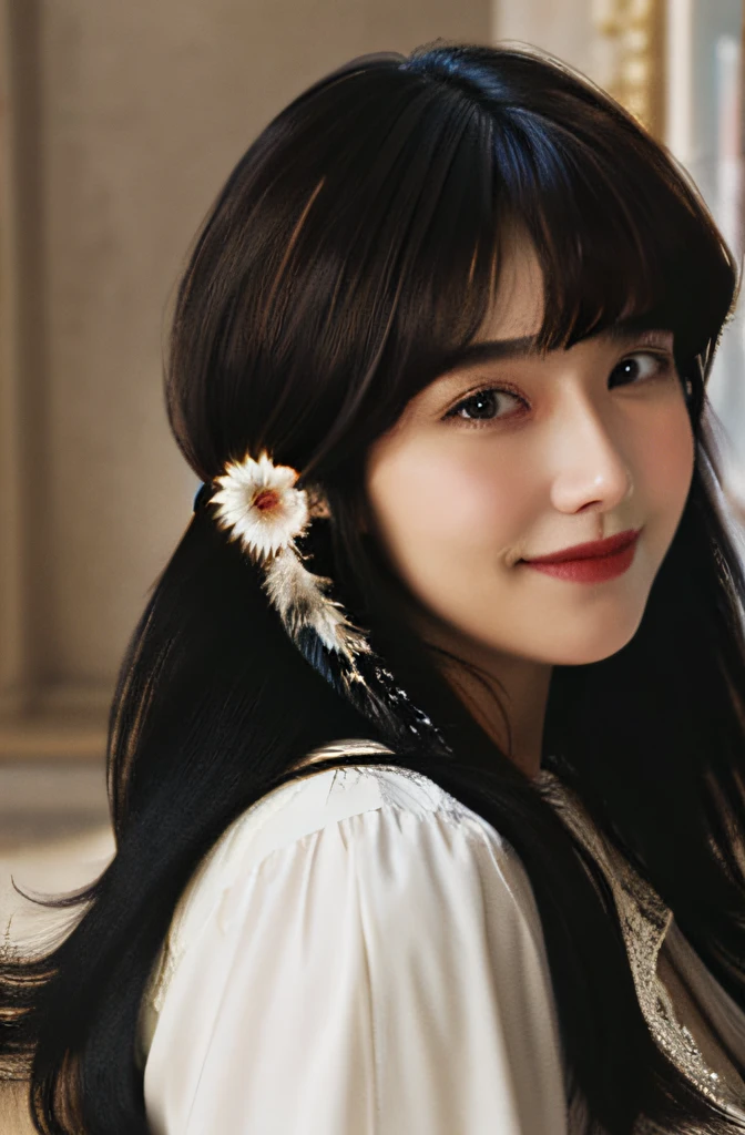 masterpiece, best quality, 1girl,long_hair,light smile, blunt bangs,looking at viewer,selfies,cowboy shot,(shot_hair:2),
(realistic:1.5), cinemagraph,