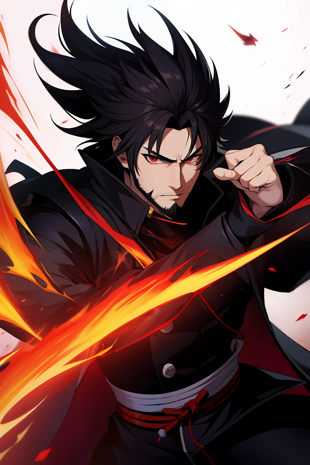 anime guy, samurai, wearing a black overcoat, black beard, anime style 2d, with ice powers, red flame aura,