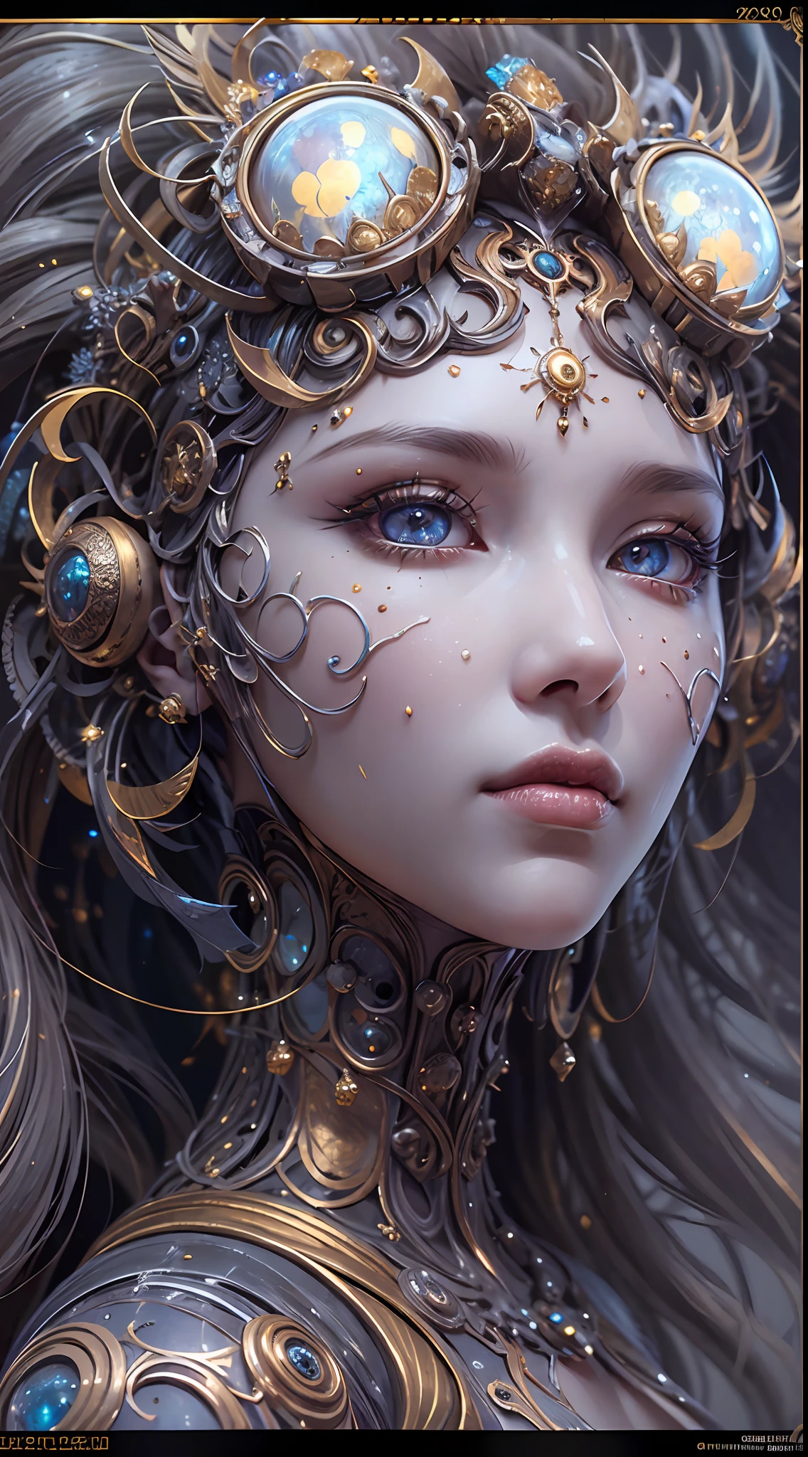 (best qualtiy,ultra - detailed,Most Best Illustration,Best shadow,tmasterpiece,A high resolution,professionalartwork,famousartwork),Detailed eyes,beautidful eyes,closeup cleavage,sci-fy,colored sclera,Robot eyes,face markings,Tattooed with,(fractalized,Fractal eyes),largeeyes,Wide eyes,(Eye focus),sface focus,Cosmic eyes,Space eyes,Close-up of metal sculpture of a woman with a moon in her hair,goddes。extremly high detail,3 d goddess portrait,Extremely detailed footage of the goddess,a stunning portrait of a goddess,Side image of the goddess,portrait of a beautiful goddess,Full body close-up portrait of the goddess,hecate goddess,portrait of a norse moon goddess,goddess of space and time