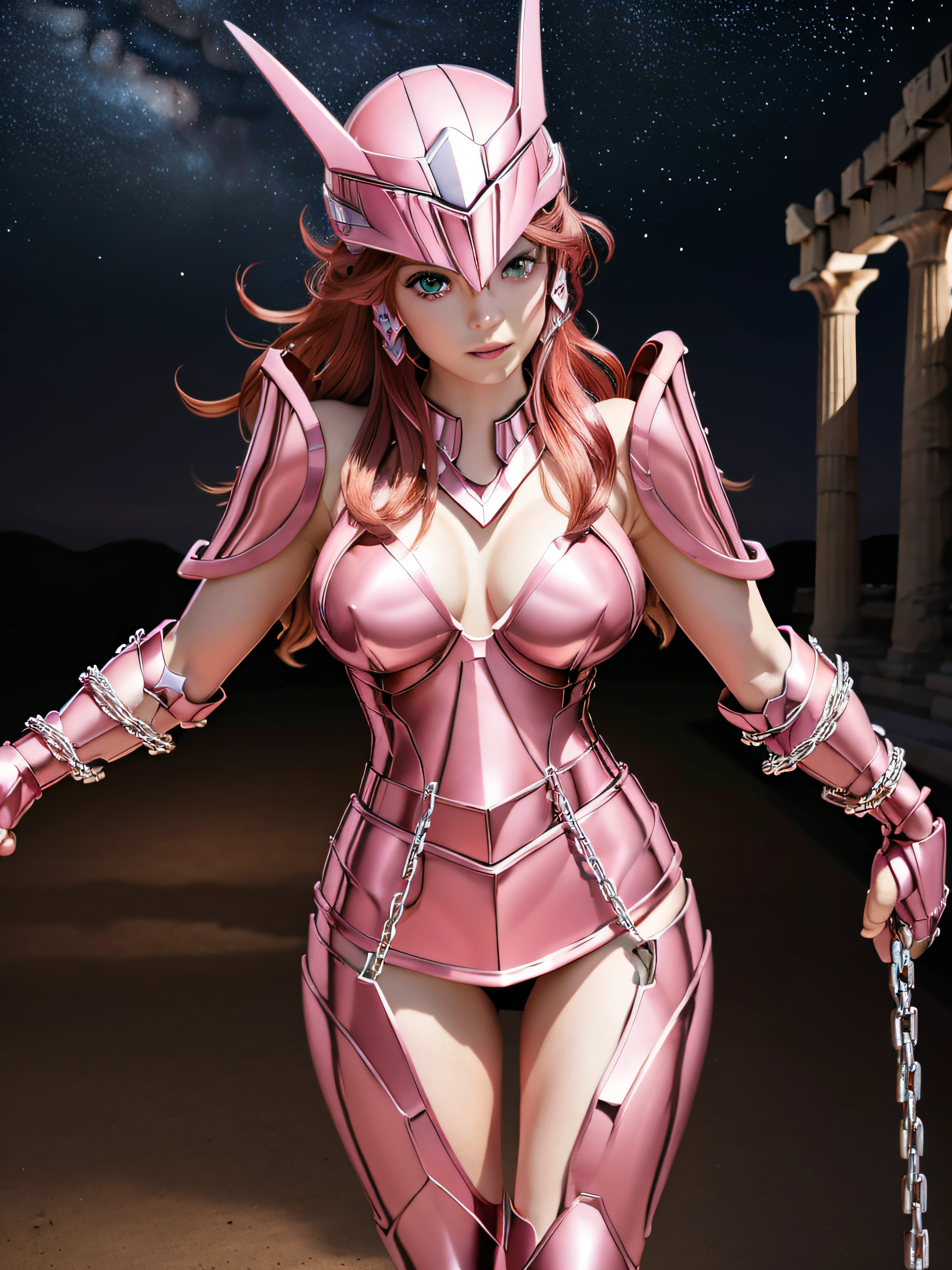 masterpiece, best quality, ultra high res, realistic skin texture, armature, (photorealistic:1.4), high resolution, raw photo, shiny skin, realistic skin texture, best lighting, sparkle, dramatic lighting, dynamic pose, (greek temple background:1.3), night sky, cosmos, milky way, 1girl, balanced eyes, Andromeda Shun, pink armor, roman skirt plate, (breast plate:1.5), cleavage, red hair, (pink helmet:1.3), blue eyes, (looking at viewer:1.3), (medium breast:1.3), slight smile, (chains around arms:1.3),