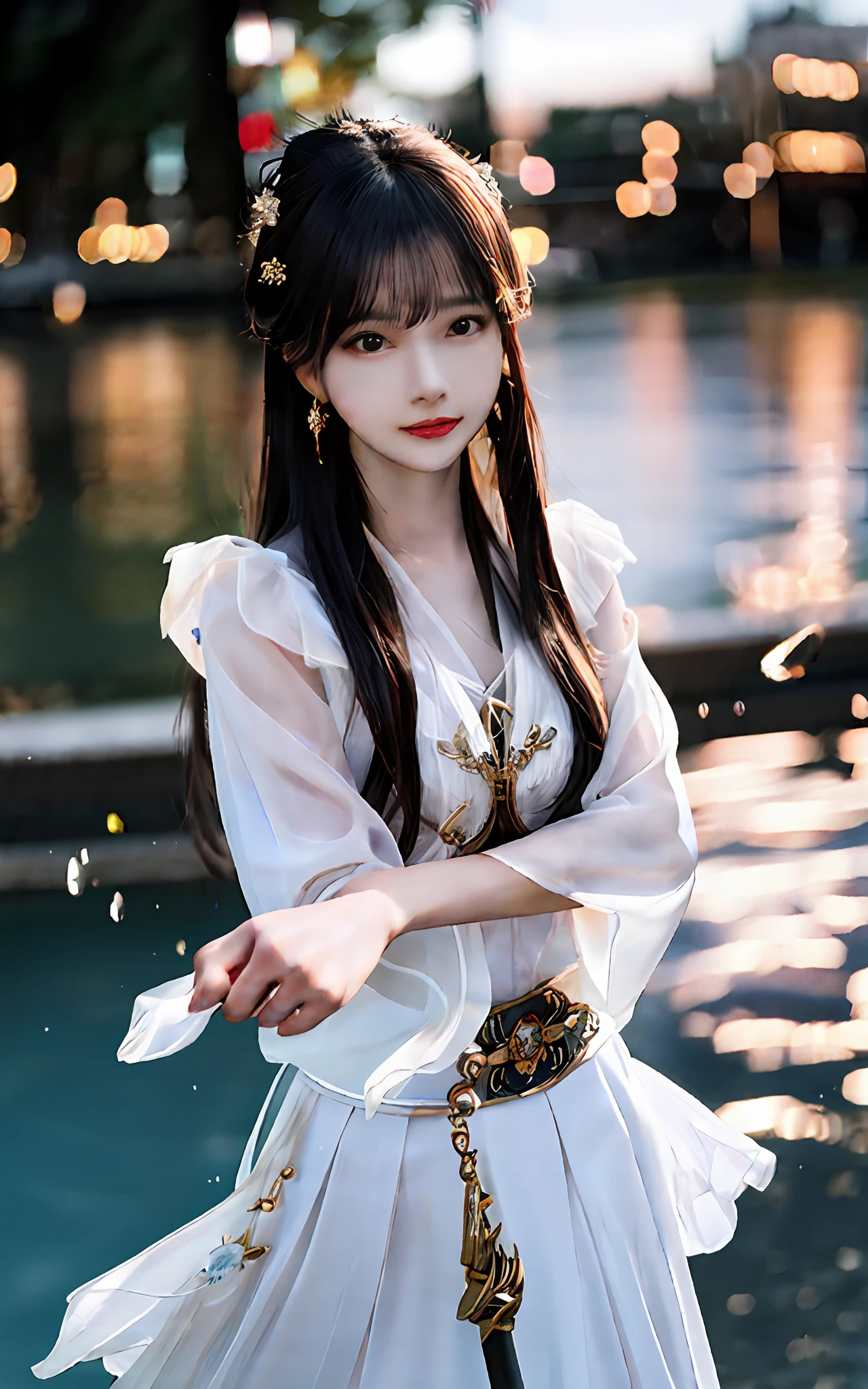 (realisticity: 1.2), best quality, masterpiece, highres, cg,
1girl, weapon, sword, long hair, dress, water, solo, jewelry, white dress, earrings, hair ornament, splashing, upper body super realistis, hair bun, black hair, city bacgraun realistis,
lighting,candid, Photograph, high resolution, 4k, 8k, Bokeh,