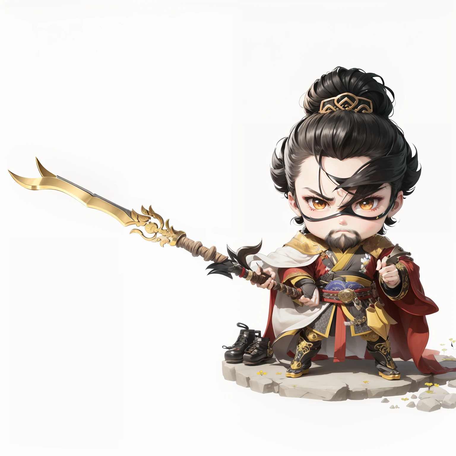 male people，Male characters，Chibi anime characters，Q version anime face，Bad，Eight snake spears，Spear weapons，China-style，Chinese-style clothing，Chinese shoes，There are beautiful patterns on the weapon grips，Refinement，Fine painting，Refinement，infinite details，high definition detail，Delicate belt，Belt accessories，Male characters，Blindfolds，Black color hair，Patterned，Pattern，Blank background，Bright colors，Metal edging
