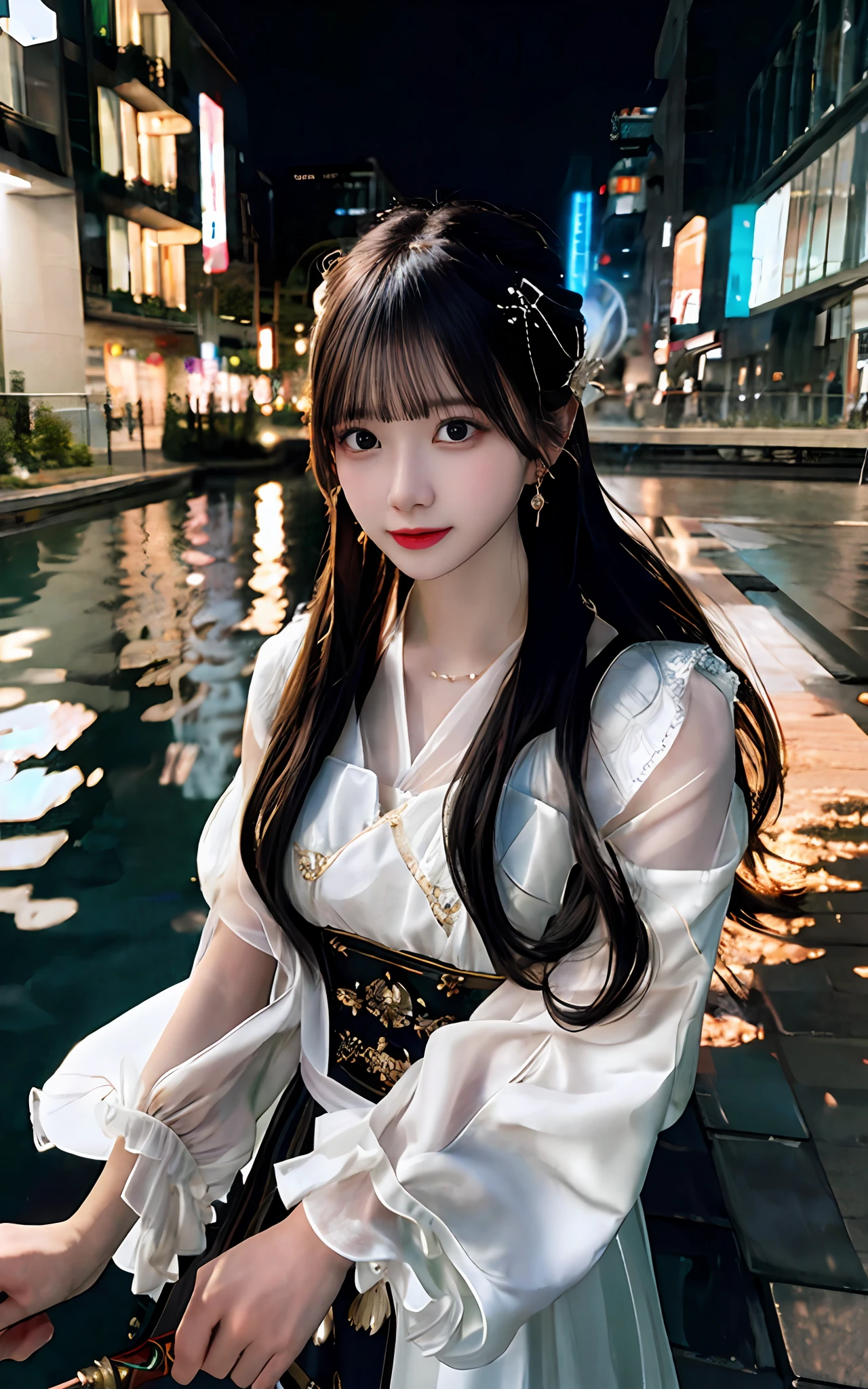 (realisticity: 1.2), best quality, masterpiece, highres, cg,
1girl, weapon, sword, long hair, dress, water, solo, jewelry, white dress, earrings, hair ornament, splashing, upper body super realistis, hair bun, black hair, city bacgraun realistis,
lighting,candid, Photograph, high resolution, 4k, 8k, Bokeh,