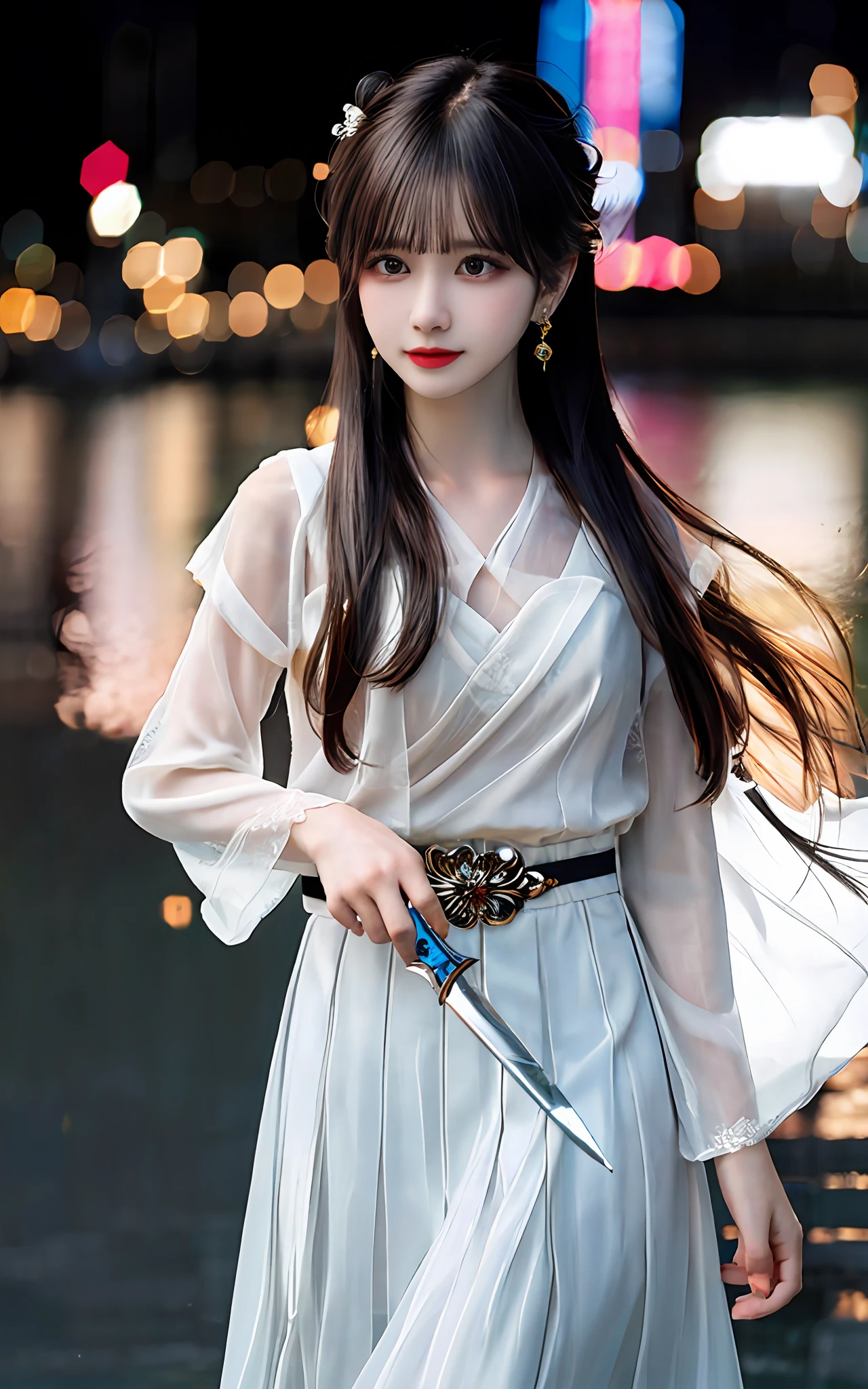 (realisticity: 1.2), best quality, masterpiece, highres, cg,
1girl, weapon, sword, long hair, dress, water, solo, jewelry, white dress, earrings, hair ornament, splashing, upper body super realistis, hair bun, black hair, city bacgraun realistis,
lighting,candid, Photograph, high resolution, 4k, 8k, Bokeh,