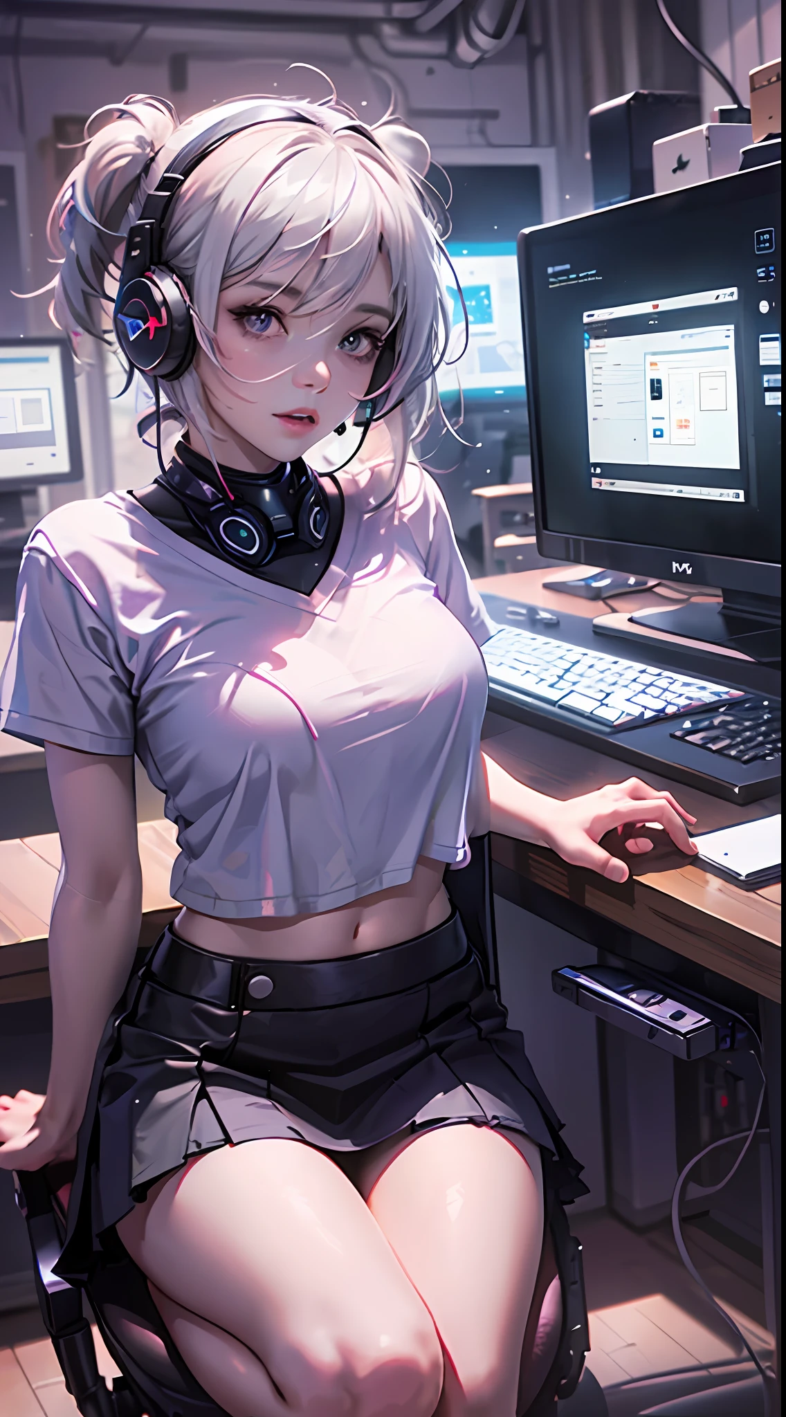 A girl playing with computer in study, white hair, tech-style, pink, purple, blue, monitor, keyboard, notebook, desk, computer host, mobile phone, mouse, stereo, illustration, iphone, mac, MacBook, AirPods pro, wireless headphones, short-sleeved t-shirt, short skirt, wide-angle lens, (full body photo)