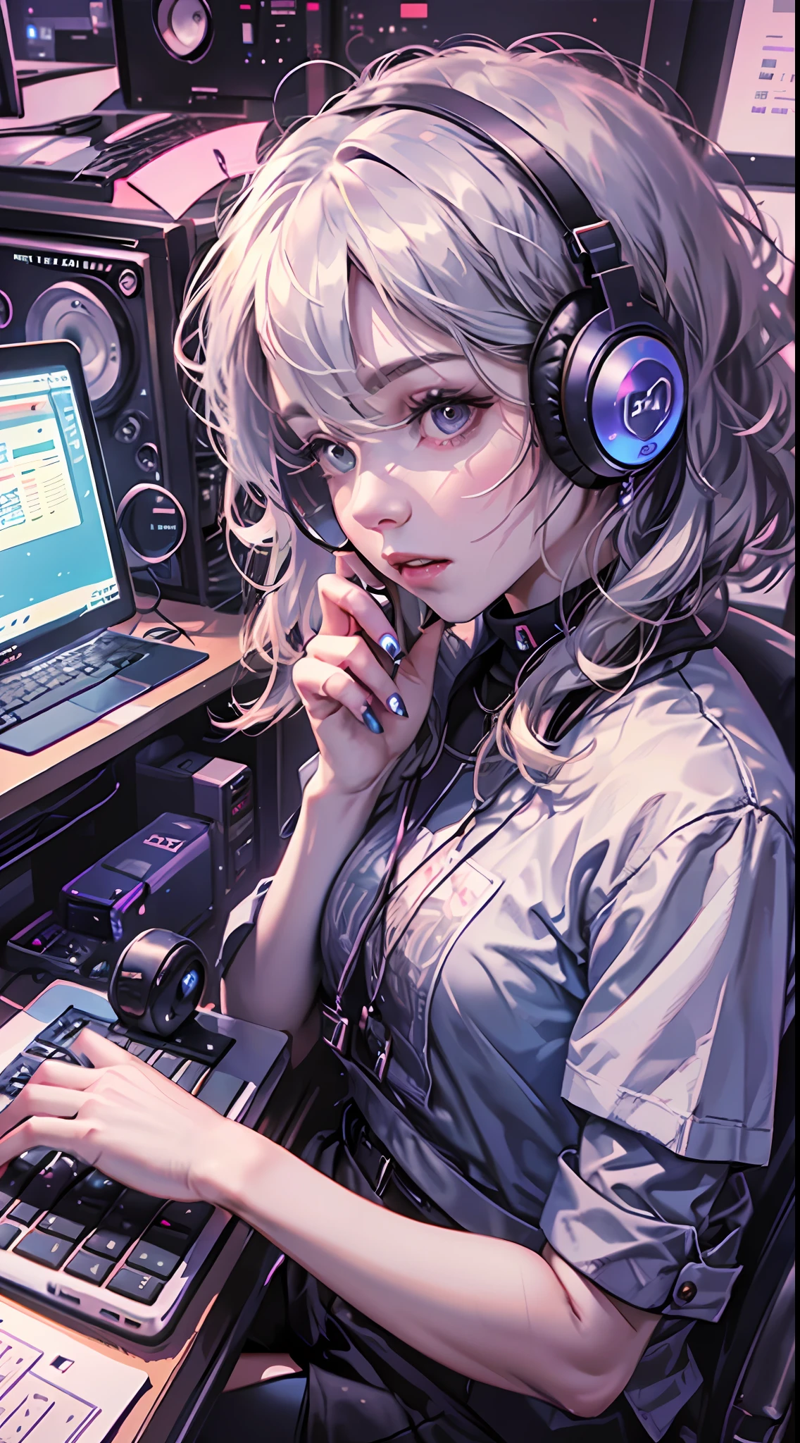 A girl playing with computer in study, white hair, tech-style, pink, purple, blue, monitor, keyboard, notebook, desk, computer host, mobile phone, mouse, stereo, illustration, iphone, mac, MacBook, AirPods pro, wireless headphones, short-sleeved t-shirt, short skirt, wide-angle lens, (full body photo)