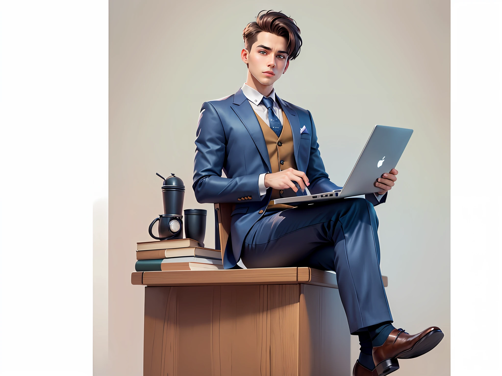 A young man in a suit and pants sat at his desk,holding laptop,Cartoon style,Very detailed facial features,digitial painting,4k high definition