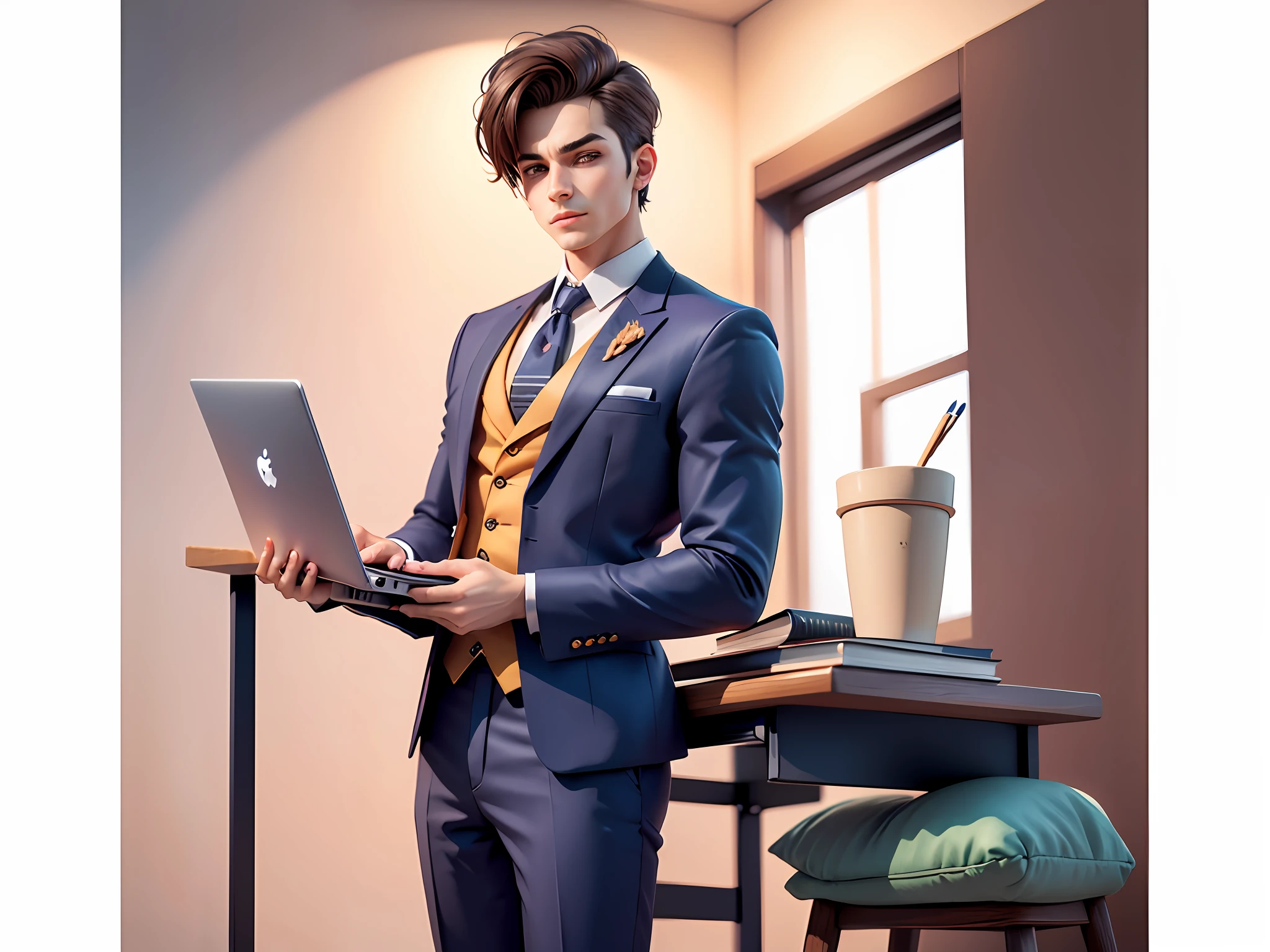 A young man in a suit and pants sat at his desk,holding laptop,Cartoon style,Very detailed facial features,digitial painting,4k high definition