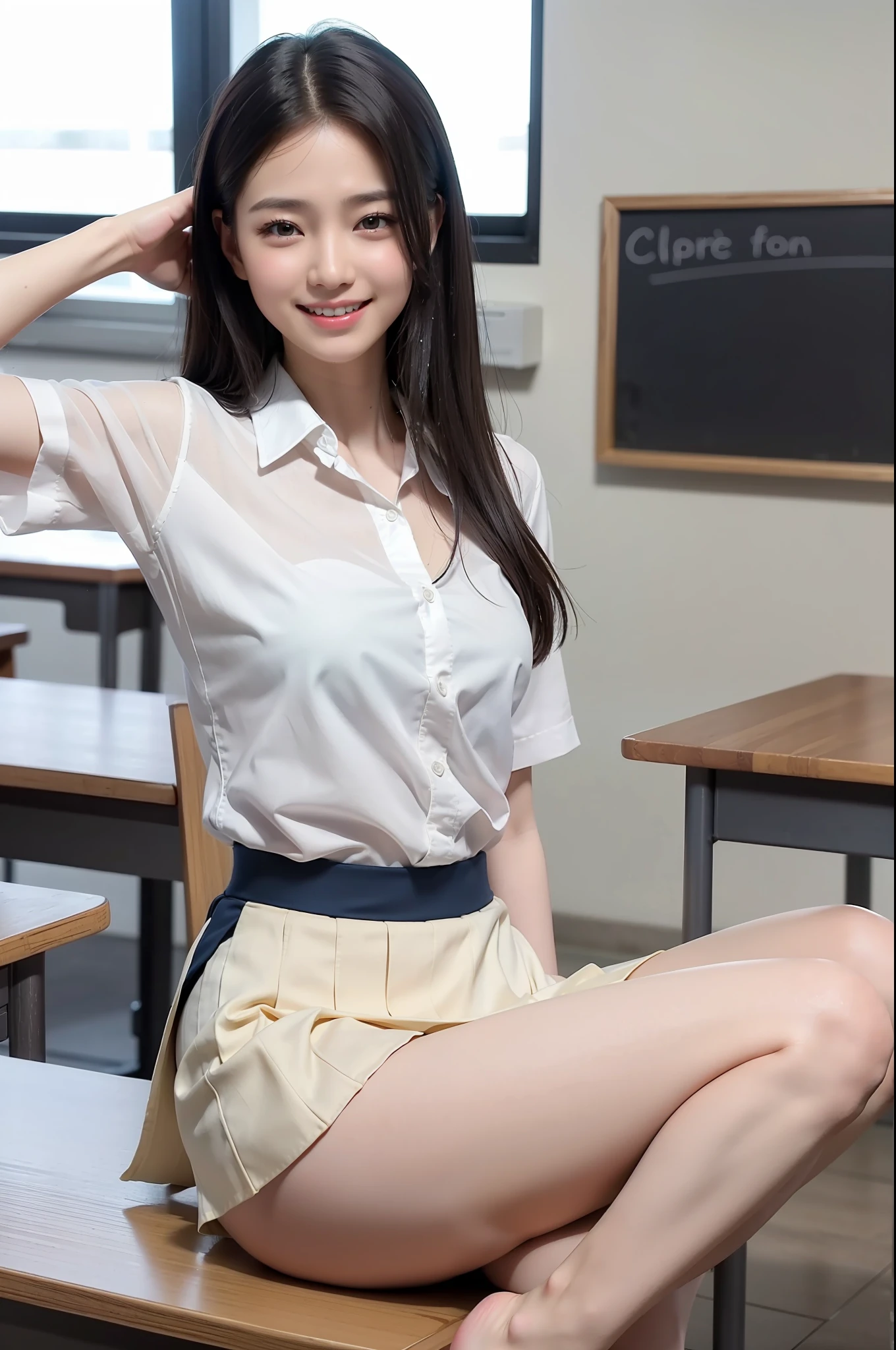 Photo Real、photoRealstic A dark-haired、Straight hair、shorth hair、Very short hair with round face、drooing eyes、Laugh so hard that you can't see it、Open mouth and laugh out loud、Narrow-eyed、no-makeup、Suppin hi-school girl、sixteen years old、skinny body、muscular body、Soft thighs、large full breasts、vaginal、clit、Female genitals、japanes、full body Esbian、Very flexible body 校服、White shirt、Navy blue ribbon、Navy blue skirt、Very short skirt、The whole body gets wet with sweat Legs open pose、Pose like a gymnast、One leg standing pose、Poses that express the softness of the body、Legs on the head、Stretch your knees、Unbending knees、Show off your crotch、Exposed crotch、Have fun、Very smiling Background with、Classroom、window、chalk board