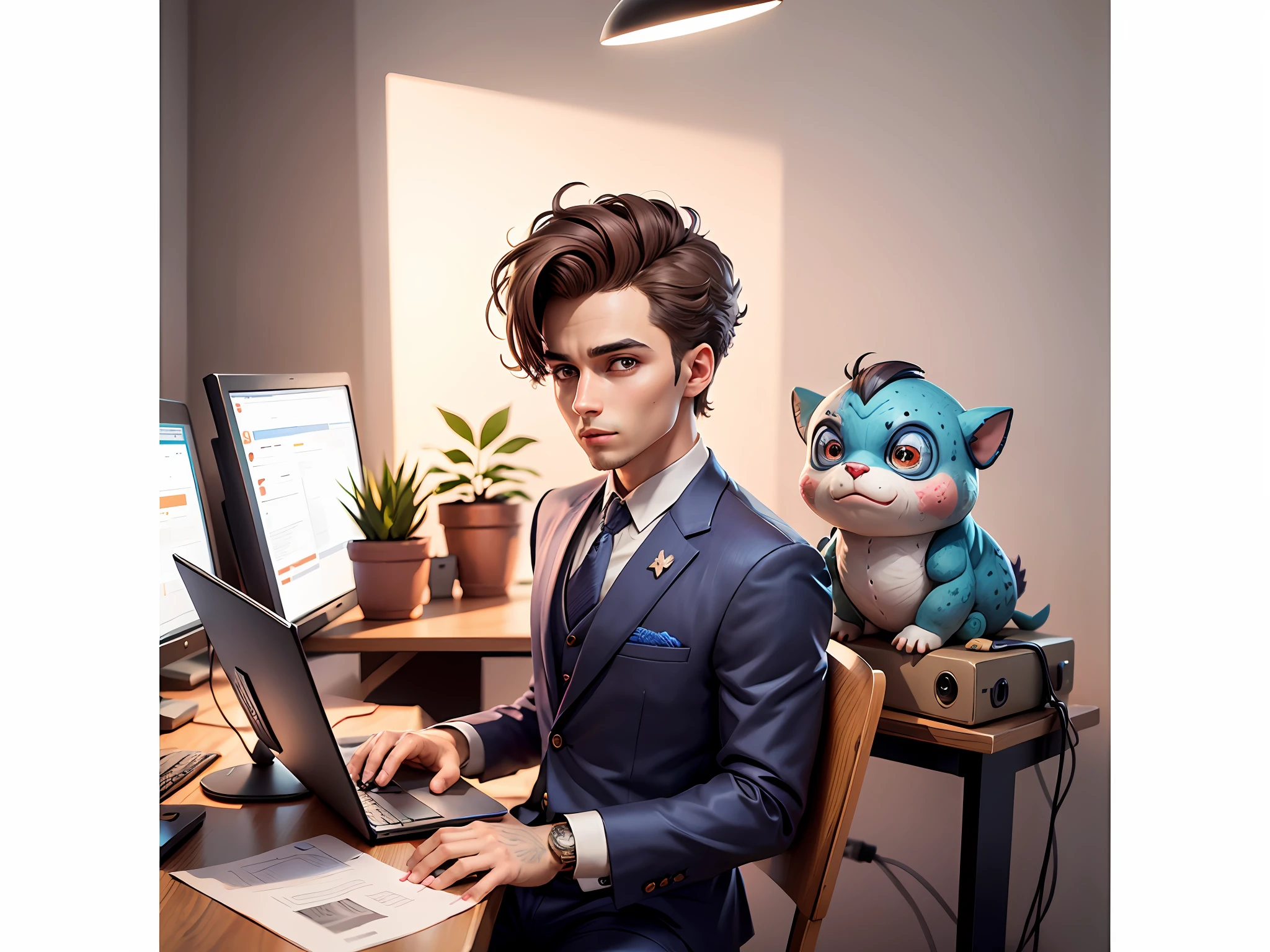 A young man in a suit and pants sat at his desk，holding laptop，Cartoon style，Very detailed facial features，digitial painting，4k high definition