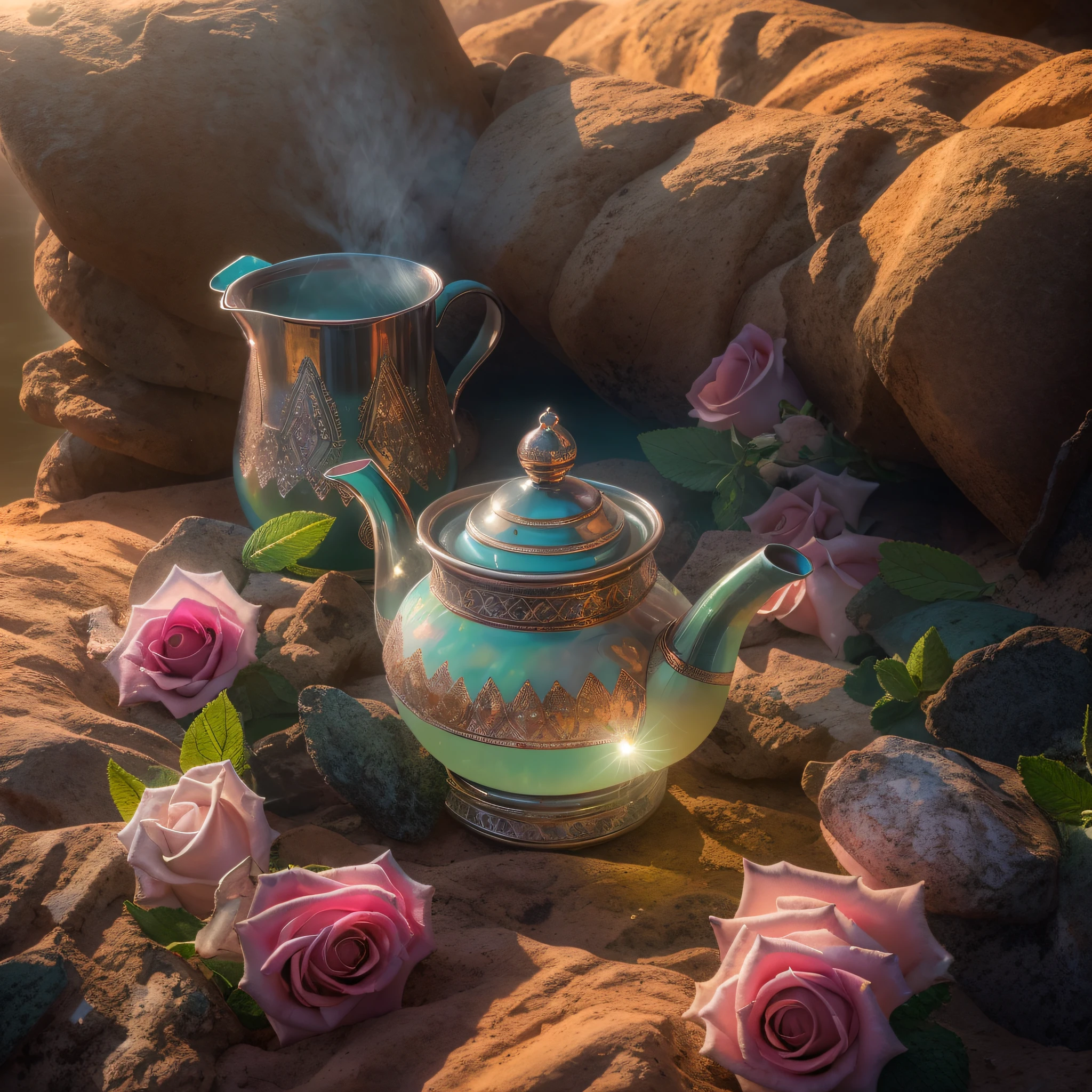 crystalized moroccan tea pot, many mint leaves, roses, Moroccan glasses, hot tea, steam, sunrays, masterpiece, best quality, ultra high res, RAW, Agadir beach, opalescent, (Photoluminescence water), gems, ((blooming flowers)), clear, Cinematic RAW photo, hyper real photo, ultrarealistic, 8k uhd, dslr, soft lighting, high quality, film grain, Fujifilm XT3, photographed on a Kodak Retina II Sanyo Xacti VPC-CA6, 50mm lens, Wide Angle, HDR, hyper-realistic, colorgraded, volumetric lighting, [volumetric fog, moist], shallow depth of field, reflections, photo, (sparkling), glistening, (iridescent), glimmering, clear, shimmering, mystical, enchanting, glittering, Morocco, exotic, (masterpiece) (best quality) (detailed) (8k) (HDR) (wallpaper) (cinematic lighting) (sharp focus) (intricate), romantic, amazigh pillows