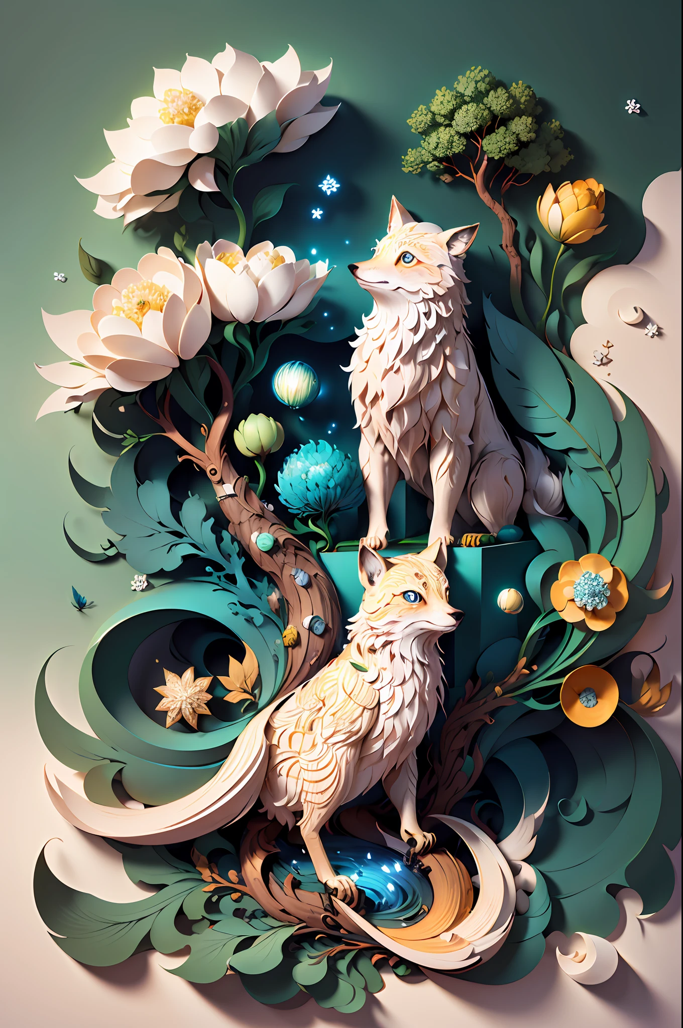 (((obra-prima))), bestquality, illustration, beautifuldetailed, paper_cut, lobo, tree, lua,