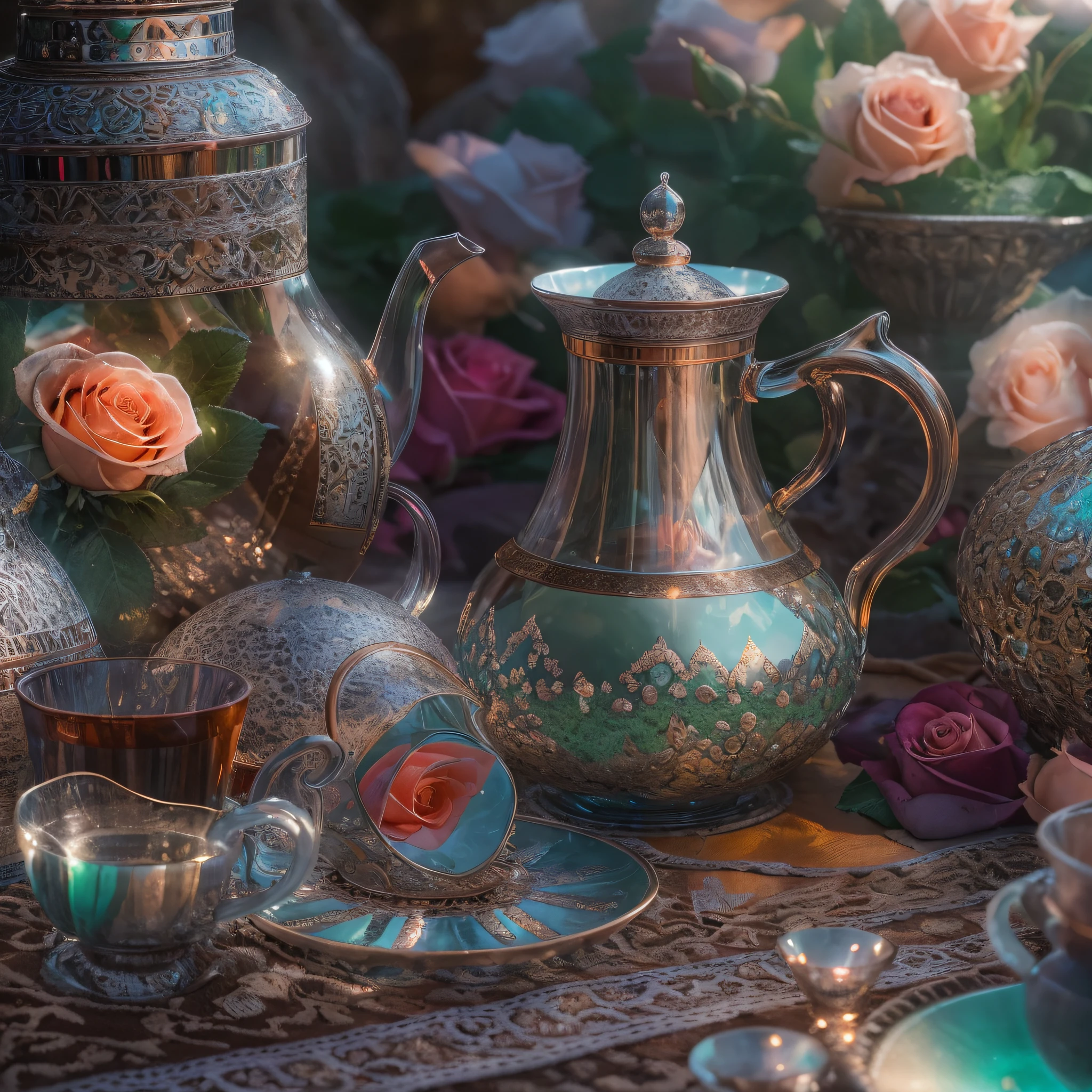 crystalized moroccan tea pot, many mint leaves, roses, Moroccan glasses, hot tea, steam, sunrays, masterpiece, best quality, ultra high res, RAW, Agadir beach, opalescent, (Photoluminescence water), gems, ((blooming flowers)), clear, Cinematic RAW photo, hyper real photo, ultrarealistic, 8k uhd, dslr, soft lighting, high quality, film grain, Fujifilm XT3, photographed on a Kodak Retina II Sanyo Xacti VPC-CA6, 50mm lens, Wide Angle, HDR, hyper-realistic, colorgraded, volumetric lighting, [volumetric fog, moist], shallow depth of field, reflections, photo, (sparkling), glistening, (iridescent), glimmering, clear, shimmering, mystical, enchanting, glittering, Morocco, exotic, (masterpiece) (best quality) (detailed) (8k) (HDR) (wallpaper) (cinematic lighting) (sharp focus) (intricate), romantic, amazigh pillows