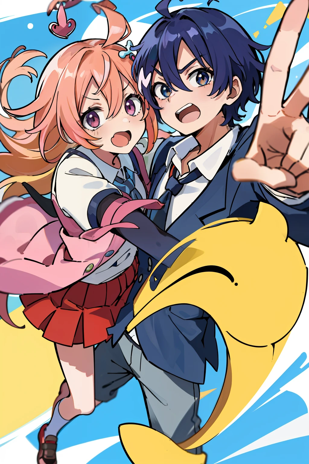 ((extremelydetailedCG)),((8K_Wallpaper)),(((masutepiece))),((top-quality)), ((Couple in love)), 1male people,School run,Regent、 Each of them has its characteristic movements and powers, Such as, Playfulness and dynamic, With vivid colors and exaggerated expressions. While maintaining overall uniformity、Incorporate elements from each anime world、school background