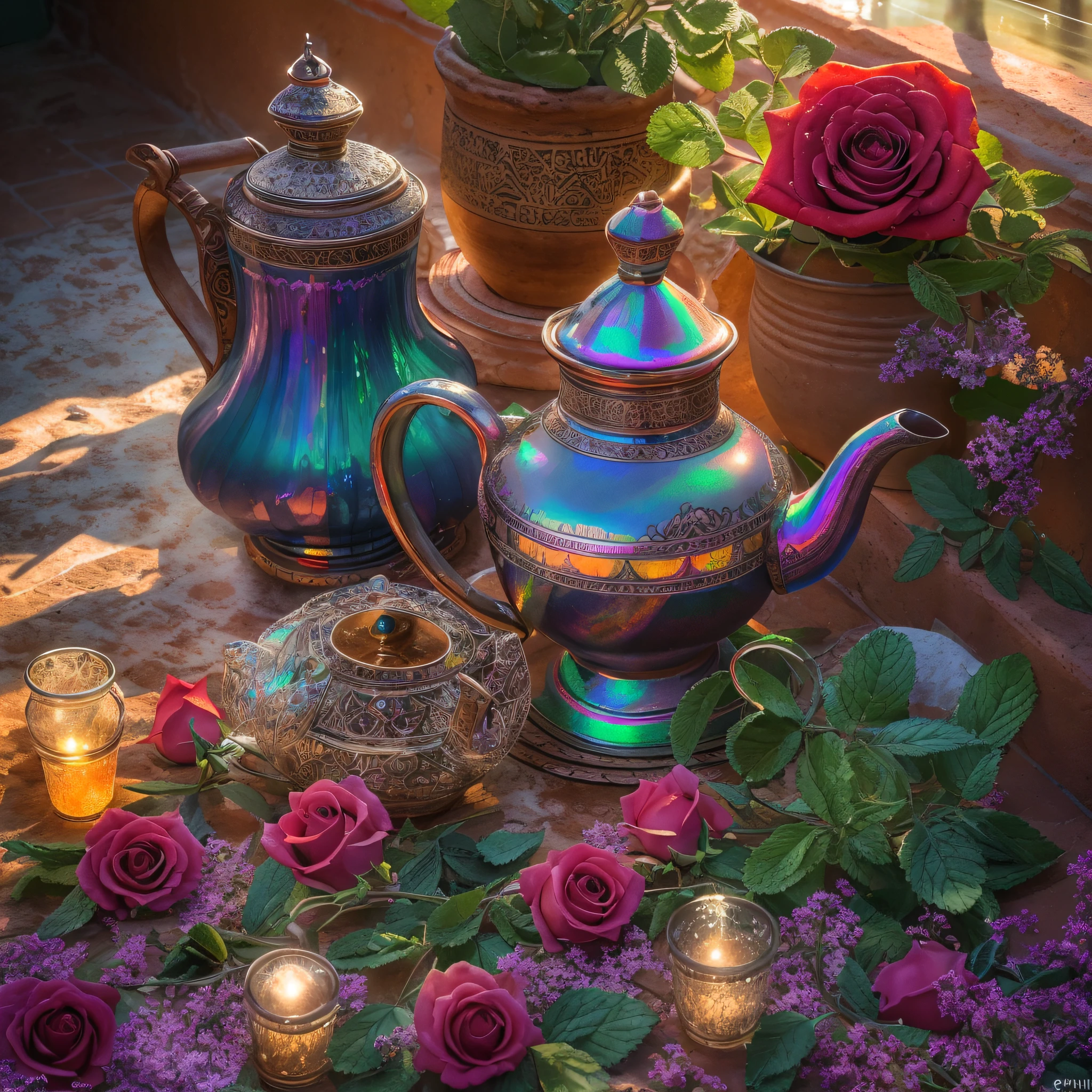 crystalized moroccan tea pot, many mint leaves, roses, Moroccan glasses, hot tea, steam, sunrays, masterpiece, best quality, ultra high res, RAW, ((Riad)), ((riad rooftop)), Marrakech, opalescent, moroccan lamps, (Photoluminescence water), gems, ((blooming flowers)), clear, Cinematic RAW photo, hyper real photo, ultrarealistic, 8k uhd, dslr, soft lighting, high quality, film grain, Fujifilm XT3, photographed on a Kodak Retina II Sanyo Xacti VPC-CA6, 50mm lens, Wide Angle, HDR, hyper-realistic, colorgraded, volumetric lighting, [volumetric fog, moist], shallow depth of field, reflections, photo, (sparkling), glistening, (iridescent), glimmering, clear, shimmering, mystical, enchanting, glittering, Morocco, exotic, (masterpiece) (best quality) (detailed) (8k) (HDR) (wallpaper) (cinematic lighting) (sharp focus) (intricate), romantic