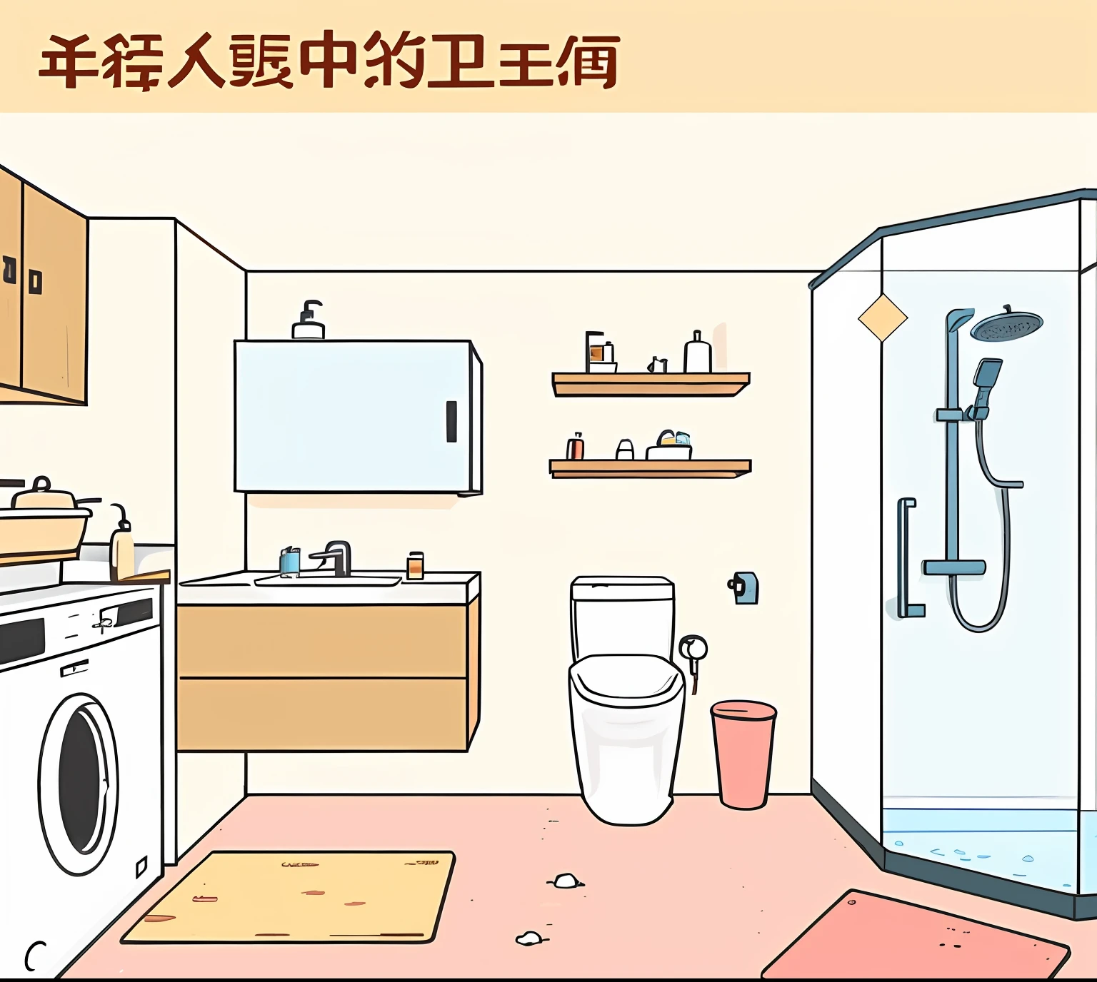 There is a cartoon piece of the bathroom with toilet and washing machine, Wang Chen, detailed scenery —width 672, komono, Simple and clean illustration, 🚿🗝📝, Clean and neat, home setting, Chiba Yuda, Detailed 2D illustration, daily life