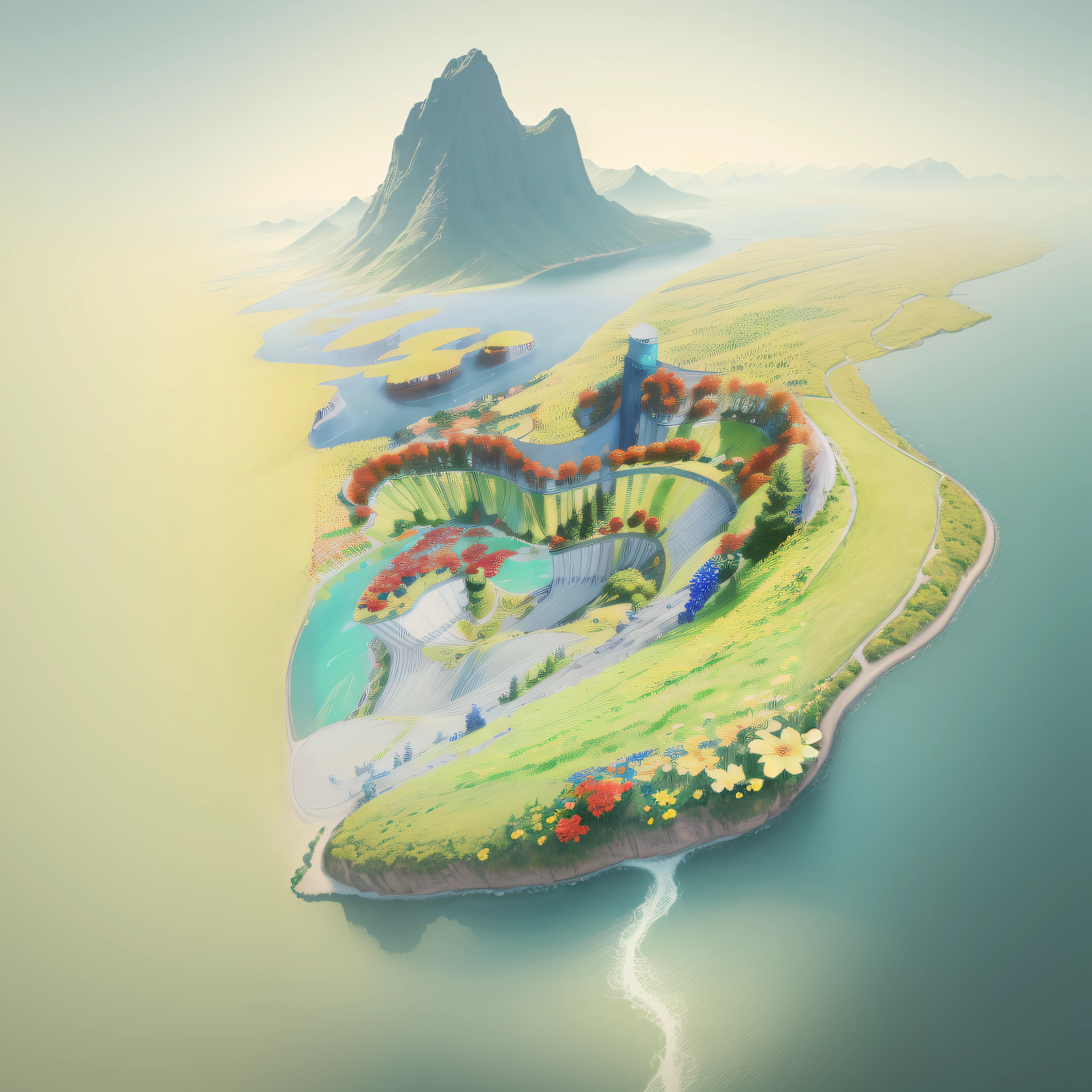 Bird's-eye view, aerial view, (Flower Sea:1.5),colorful flowers mountains, (red flower:1.1),(blue flower:1.1),(yellow flower:1.1),river, flowers everywhere,masterpiece photo,high-definition, reality, 4K,[green:0.1],[purple:0.3]