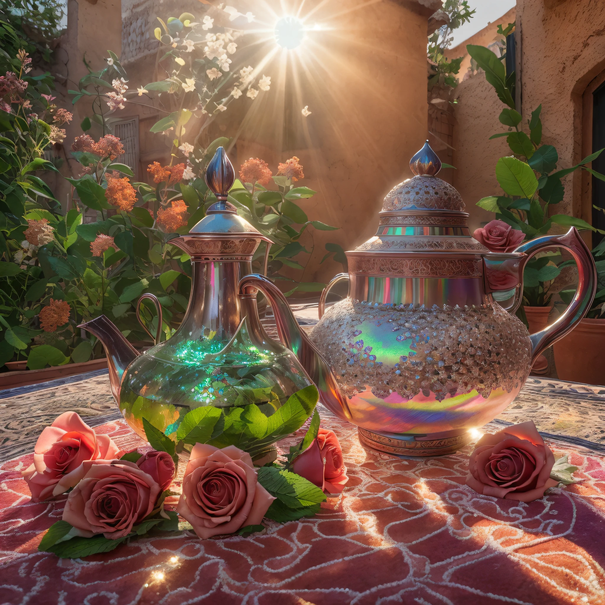 crystalized moroccan tea pot, many mint leaves, roses, Moroccan glasses, hot tea, steam, sunrays, masterpiece, best quality, ultra high res, RAW, ((Riad)), ((riad rooftop)), Marrakech, opalescent, moroccan lamps, (Photoluminescence water), gems, ((blooming flowers)), clear, Cinematic RAW photo, hyper real photo, ultrarealistic, 8k uhd, dslr, soft lighting, high quality, film grain, Fujifilm XT3, photographed on a Kodak Retina II Sanyo Xacti VPC-CA6, 50mm lens, Wide Angle, HDR, hyper-realistic, colorgraded, volumetric lighting, [volumetric fog, moist], shallow depth of field, reflections, photo, (sparkling), glistening, (iridescent), glimmering, clear, shimmering, mystical, enchanting, glittering, Morocco, exotic, (masterpiece) (best quality) (detailed) (8k) (HDR) (wallpaper) (cinematic lighting) (sharp focus) (intricate), romantic