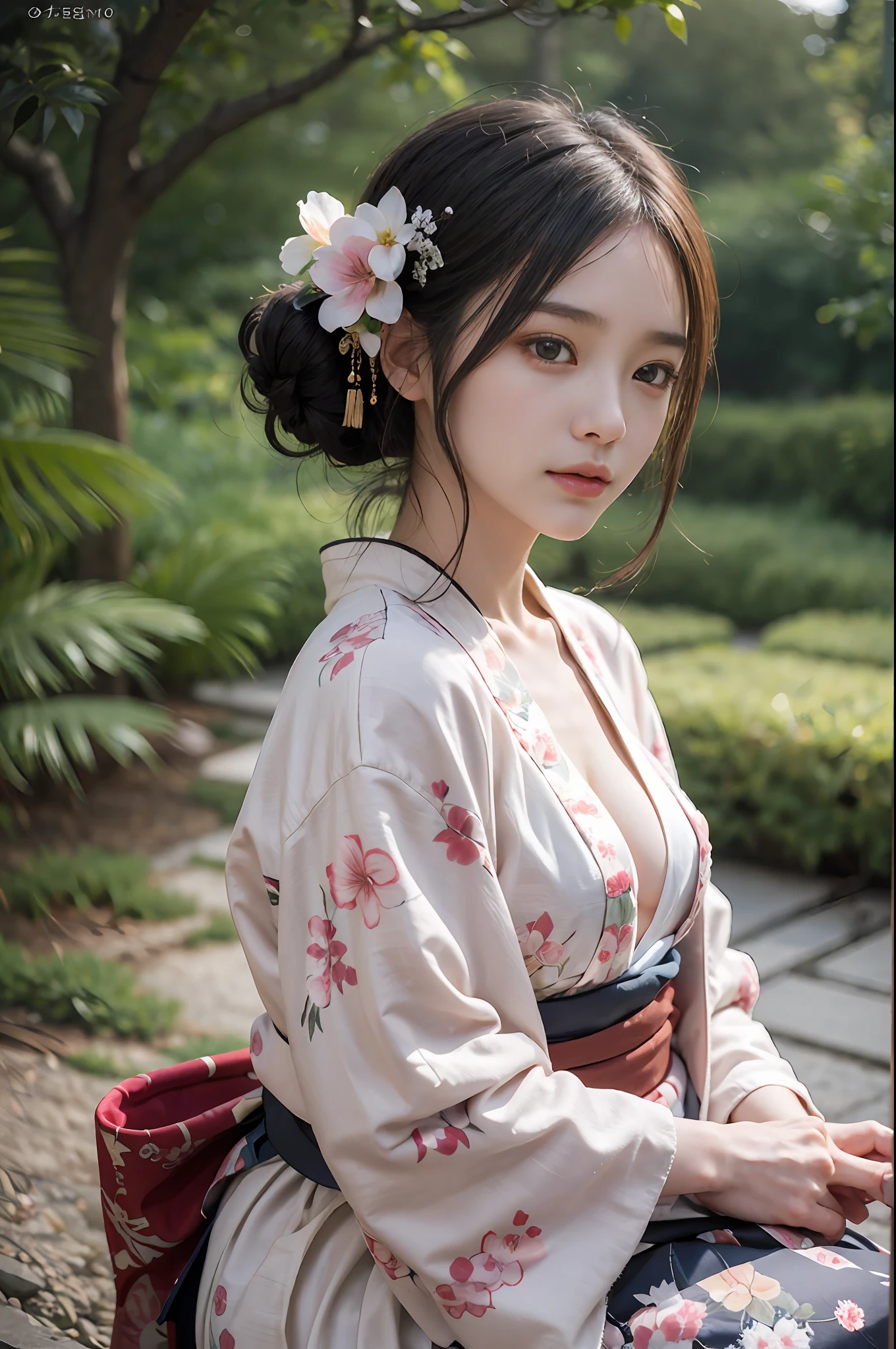 (Photorealsitic:1.4), (Top image quality:1.0), (超A high resolution:1.0), 8K, RAW photography, (tmasterpiece:0.2), (PureErosFace_V1:0.5)、(best quality detail:1.2)、hentail realism、8K Ultra HD、A high resolution、(1girl in:1.2)、The ultra-detailliert、High quality textures、intricately details、detaileds、Very detailed CG、High quality shadows、Detail Beautiful delicate face、Detail Beautiful delicate eyes、depth of fields、Ray traching,1girl in, japanaese girl, Cute, Slender, black kimono, kimono with Japanese pattern,Floral curls, Beautiful skin, facing the front there,Sit down, Sit up straight and say thank you,Align your hands gracefully,A faint smile The land of Japan,Japanese Garden,Deluxe Japanese-style room, skyporn, magic hour, (Realistic:1.3), finely detailed, quality, (masutepiece:1.2), (Photorealistic:1.2), (Best quality), (Intricate details), Dramatic, Ray tracing, photographed, +Lola，Bare chest