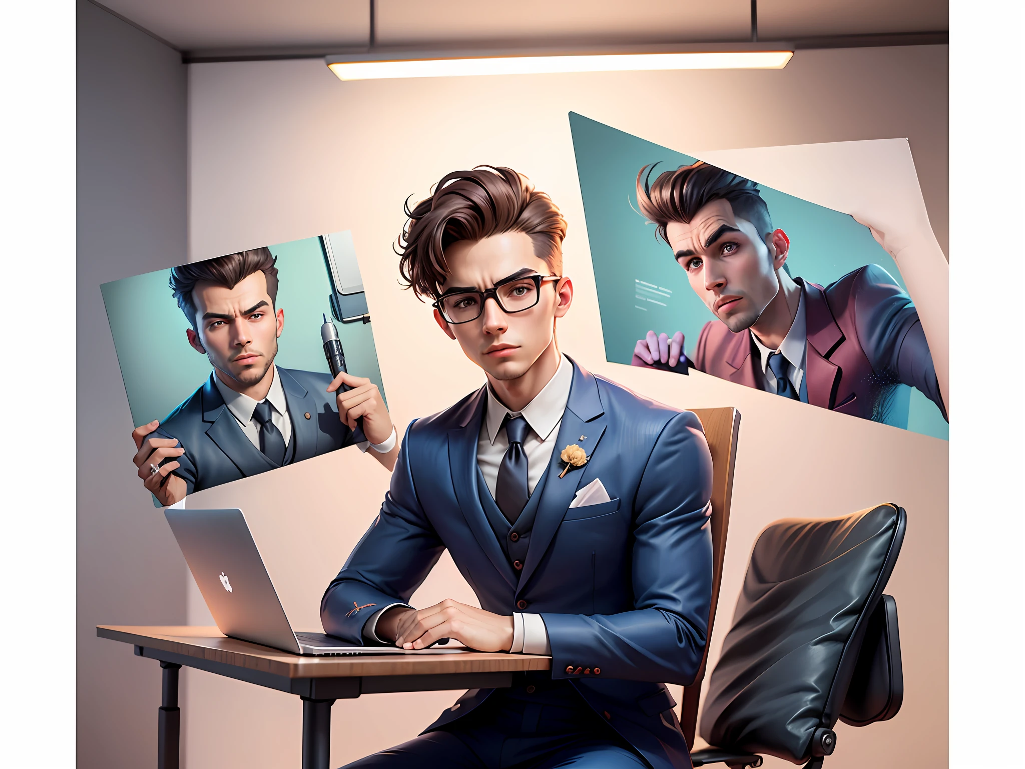 A young man in a suit and pants sat at his desk,holding laptop,Cartoon style,Very detailed facial features,digitial painting,4k high definition